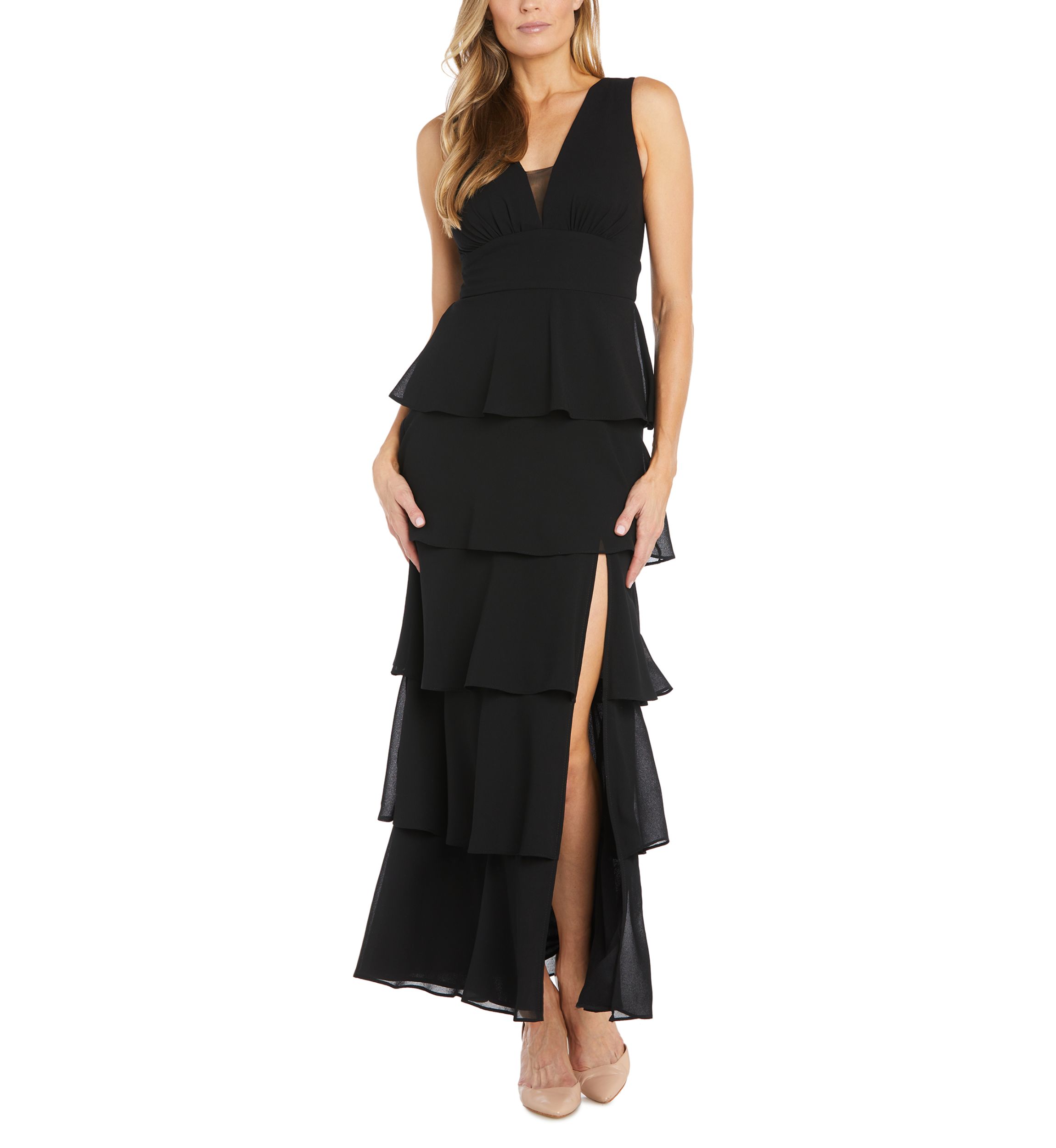 Womens Long Multi Tiered Deep V-Neck Front Pebble Georgette Dress with Mesh Detail