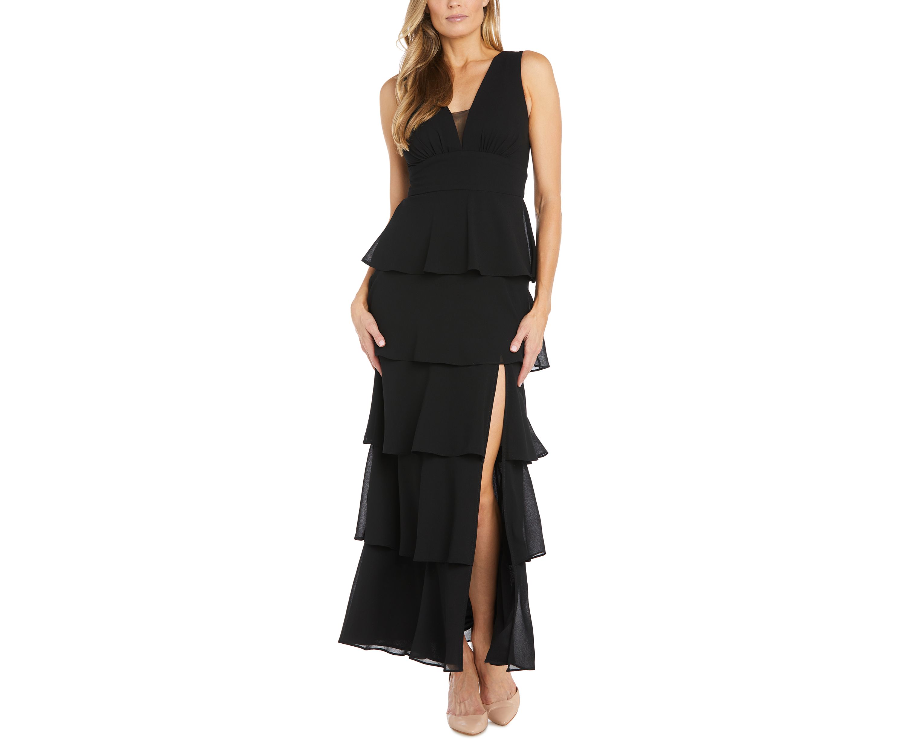 Womens Long Multi Tiered Deep V-Neck Front Pebble Georgette Dress with Mesh Detail