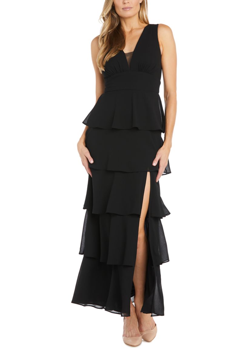Womens Long Multi Tiered Deep V-Neck Front Pebble Georgette Dress with Mesh Detail