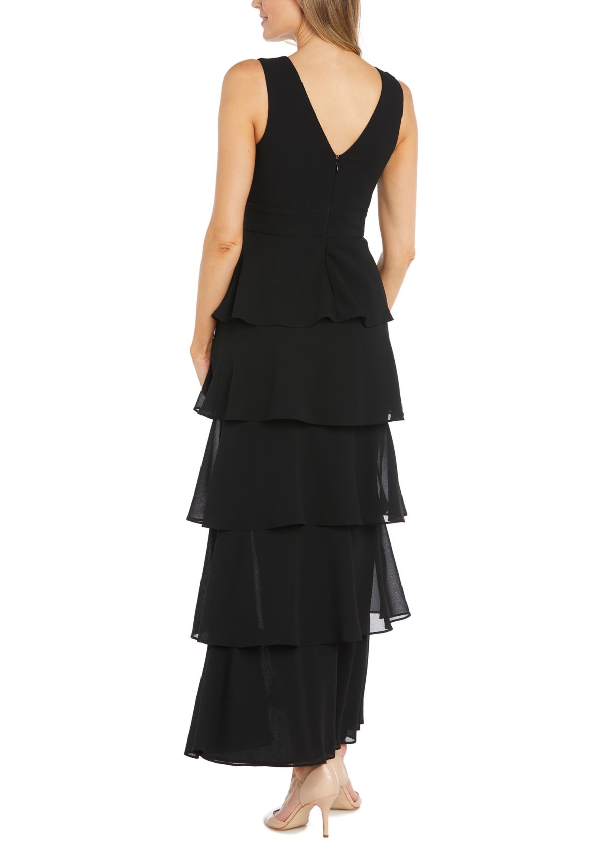 Womens Long Multi Tiered Deep V-Neck Front Pebble Georgette Dress with Mesh Detail