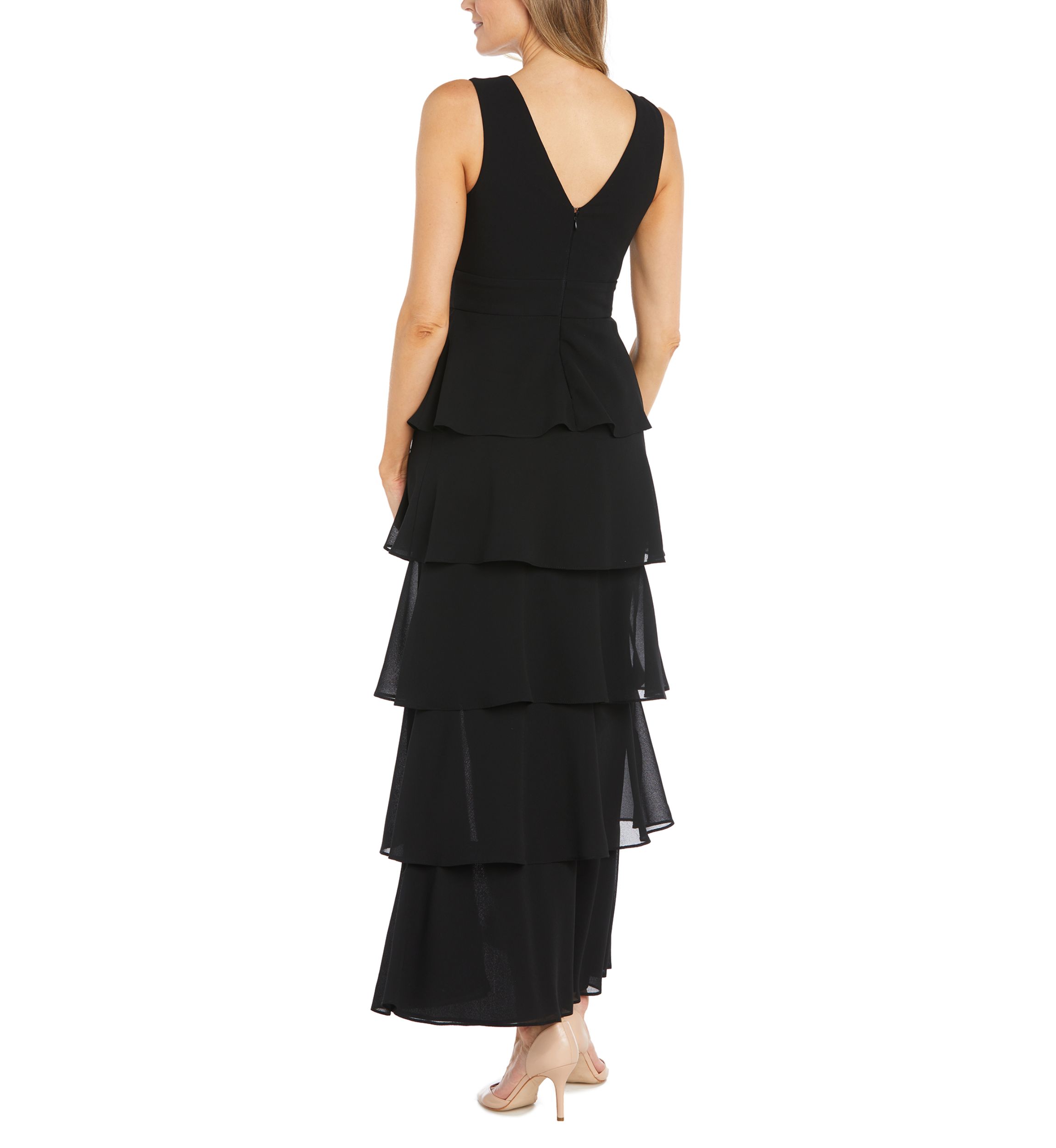 Womens Long Multi Tiered Deep V-Neck Front Pebble Georgette Dress with Mesh Detail