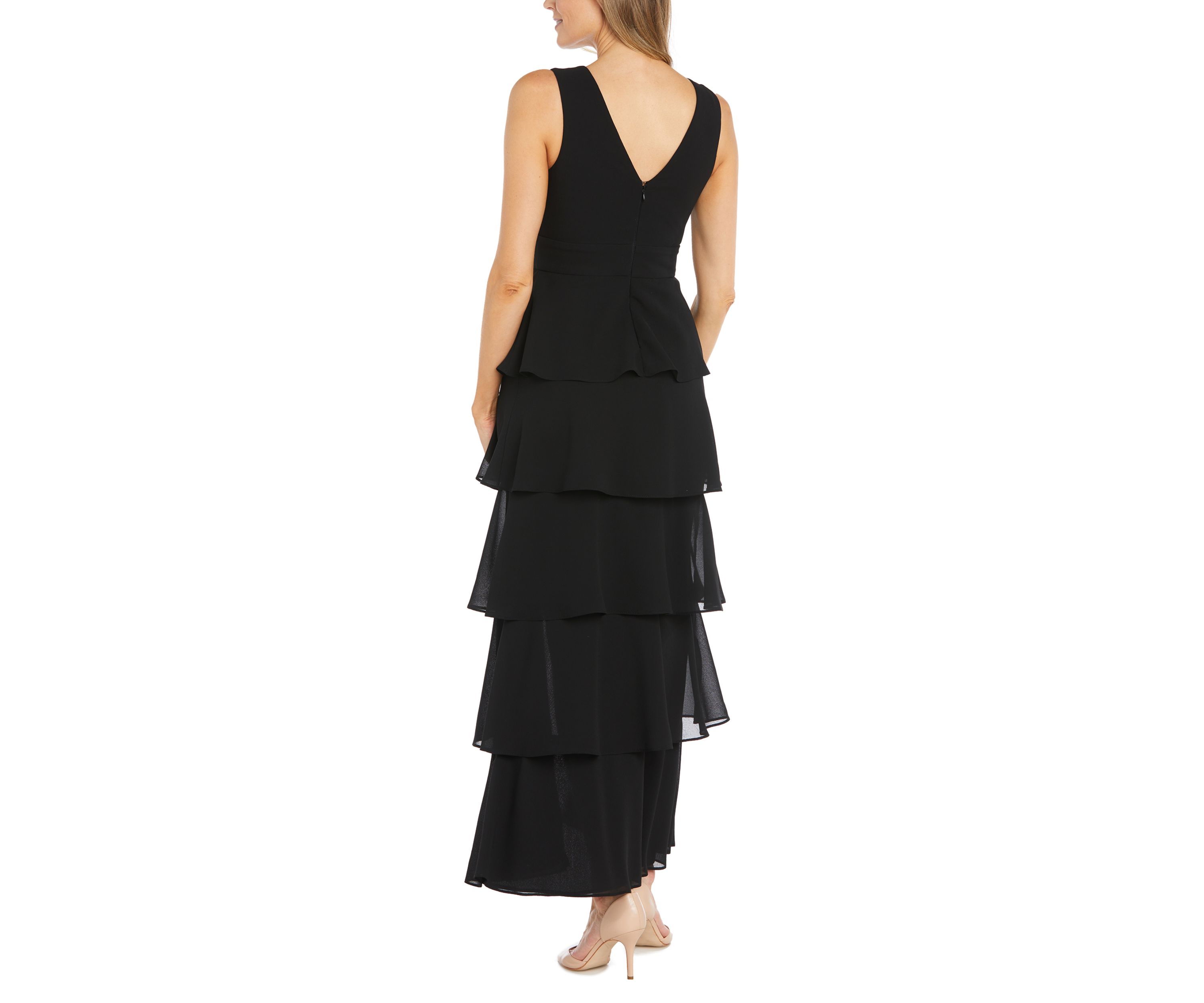 Womens Long Multi Tiered Deep V-Neck Front Pebble Georgette Dress with Mesh Detail