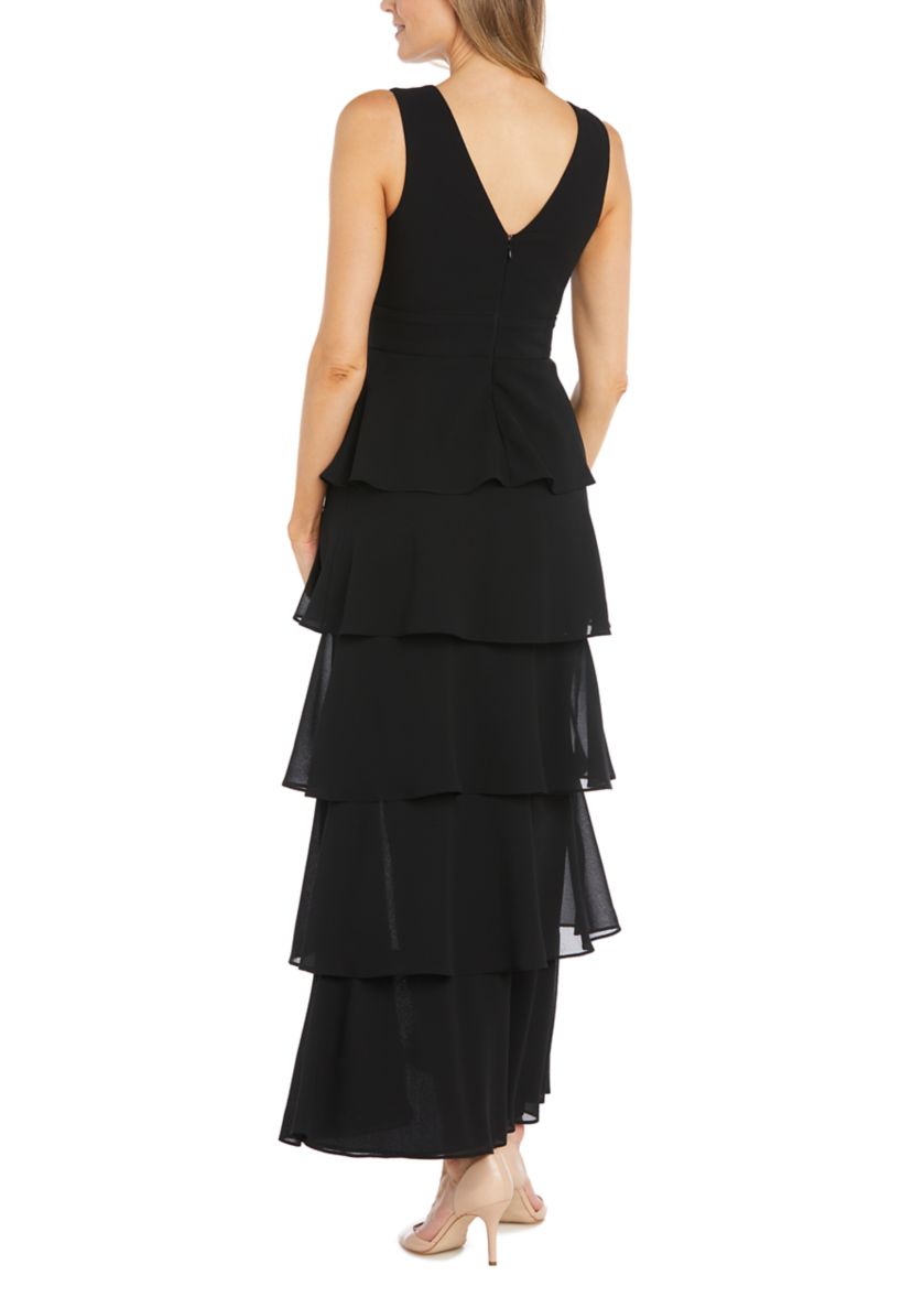 Womens Long Multi Tiered Deep V-Neck Front Pebble Georgette Dress with Mesh Detail