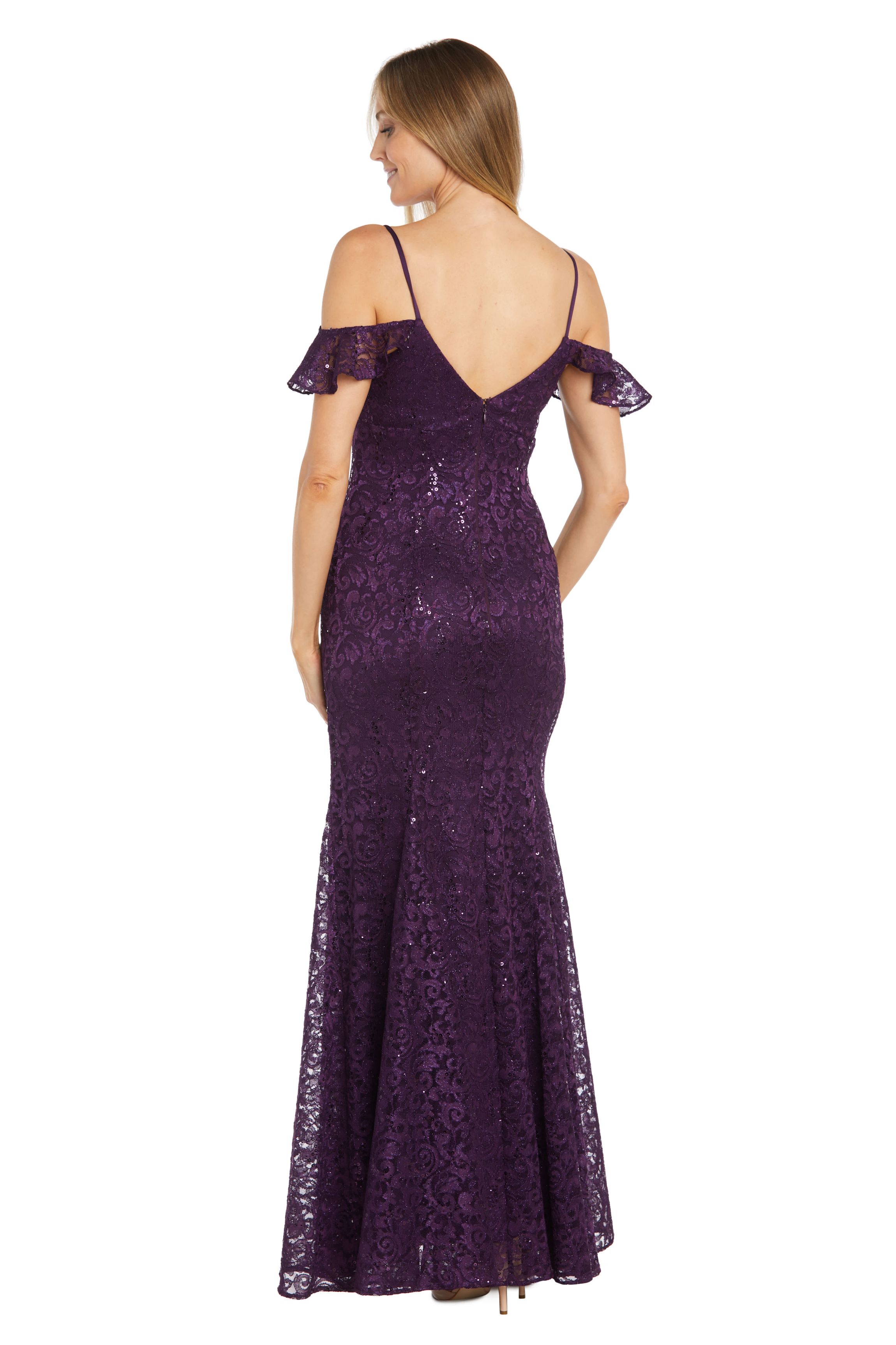 Long Sequin Lace Dress With Flutter Cap Sleeves Godet Skirt And V Neckline