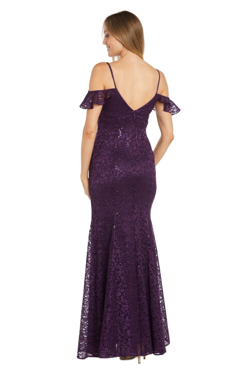 Long Sequin Lace Dress With Flutter Cap Sleeves Godet Skirt And V Neckline
