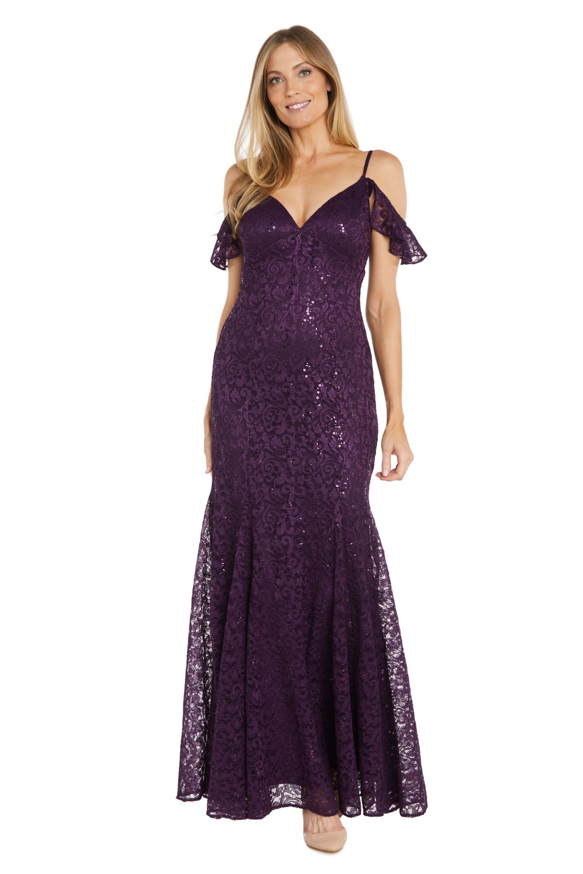 Long Sequin Lace Dress With Flutter Cap Sleeves Godet Skirt And V Neckline
