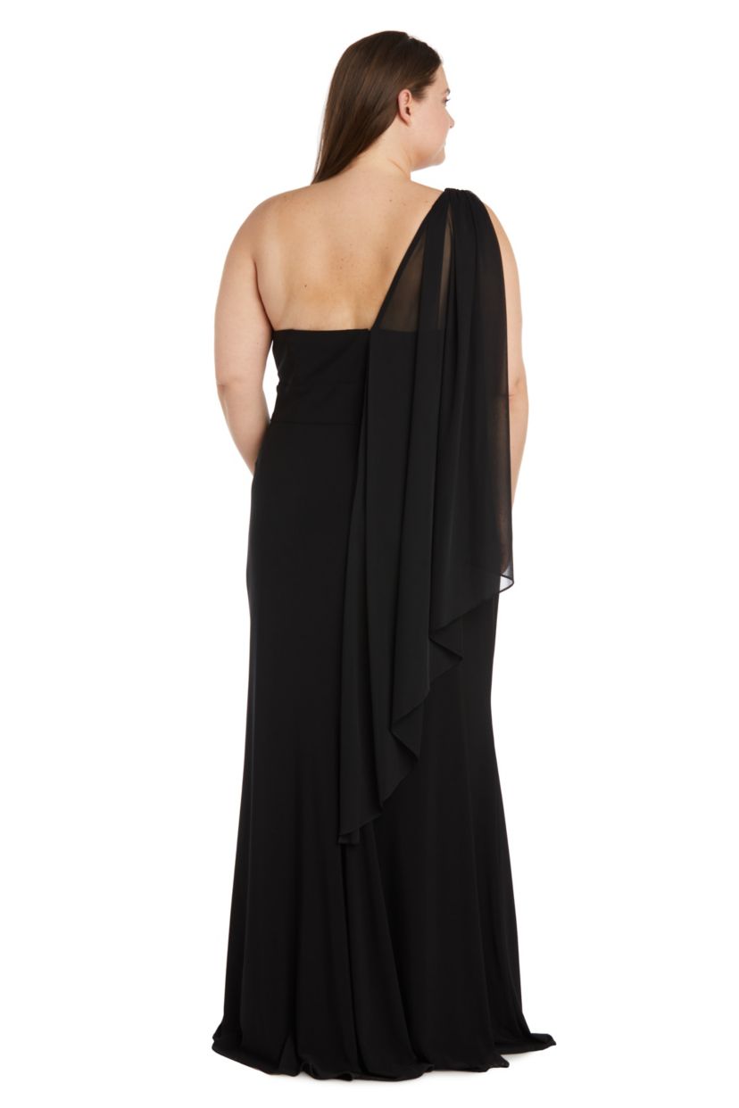 Long Rhinestone Trimmed One Shoulder Ity W Chiffon Cape Detail