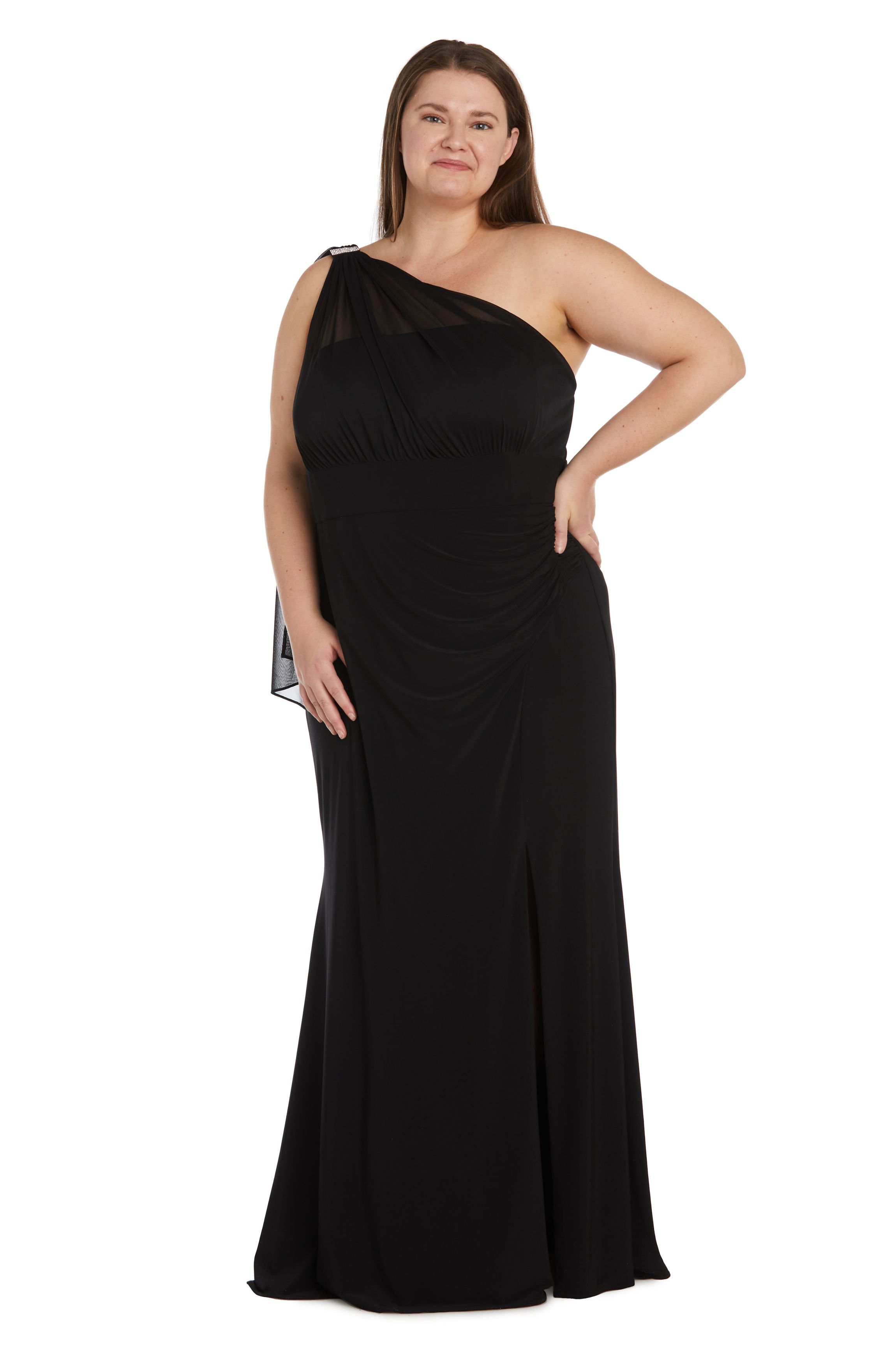 Long Rhinestone Trimmed One Shoulder Ity W Chiffon Cape Detail