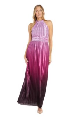 Long High Neck Halter Pleated Charmuse Ombre Dress