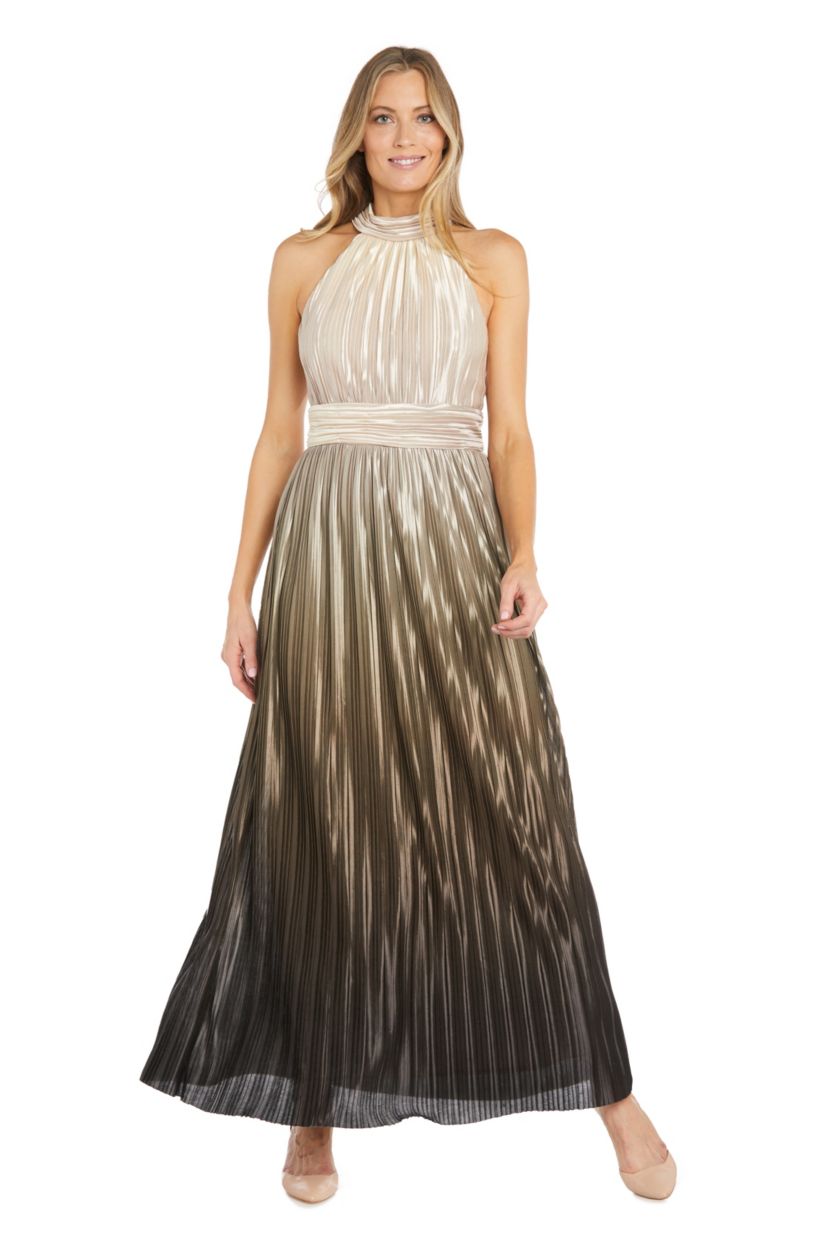 Long High Neck Halter Pleated Charmuse Ombre Dress