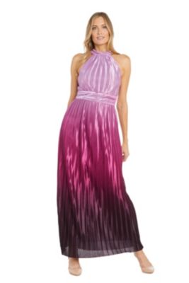 Long High Neck Halter Pleated Charmuse Ombre Dress