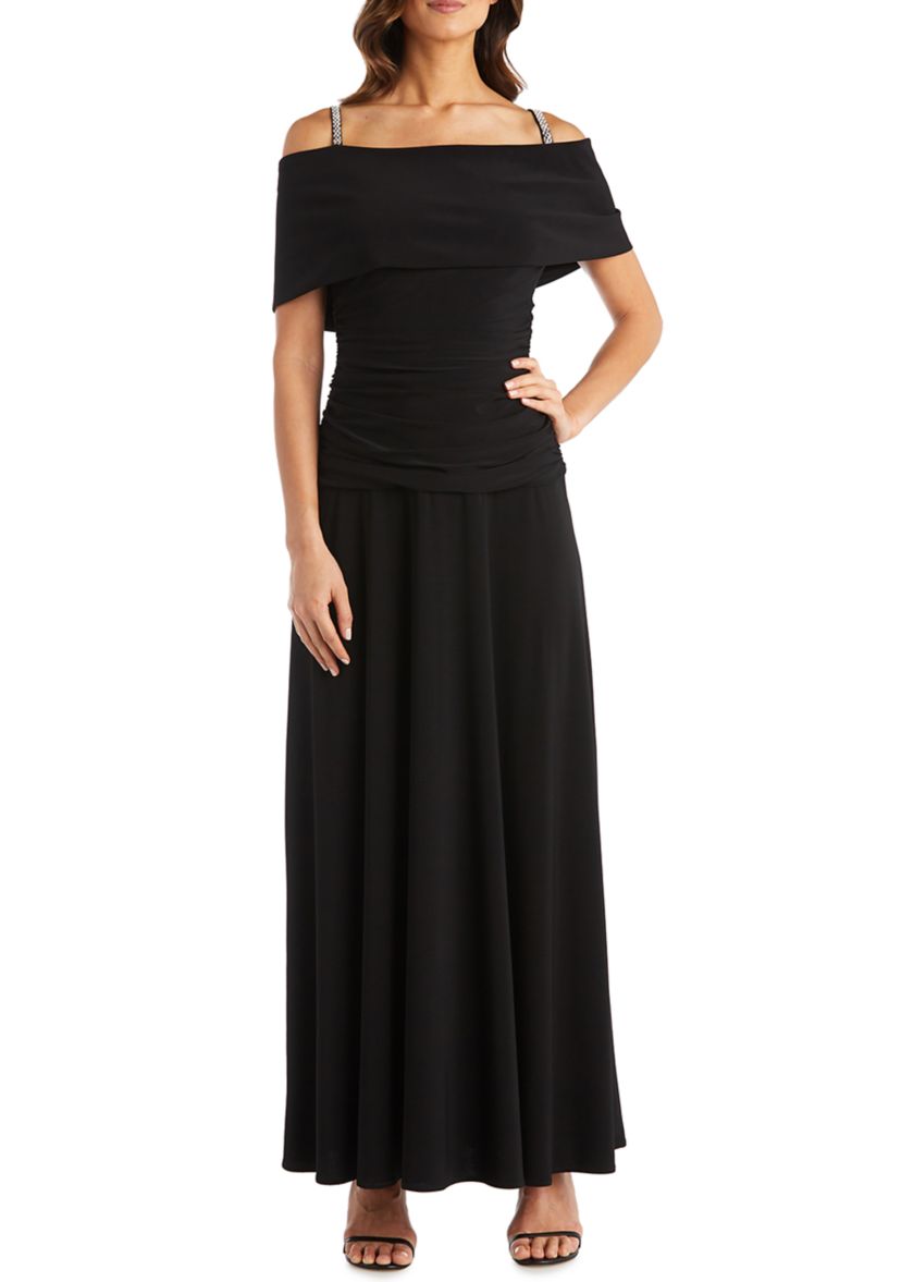 Cold Shoulder Banded Top Stretch Dress with Ruched Waist Detail 