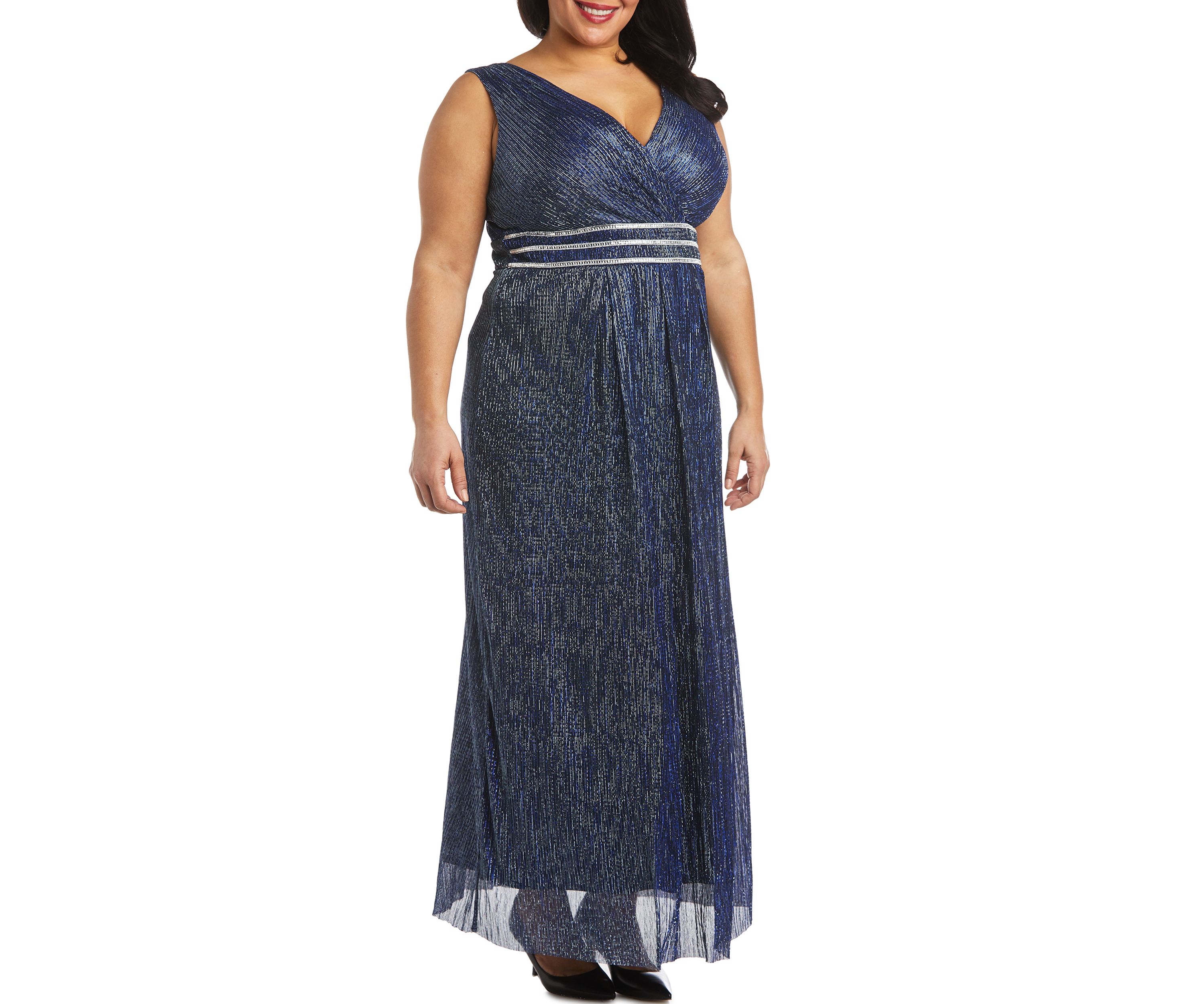 Long Crinkle Pleated Slvless Dress With Rhinestone Trim At Set In Waist