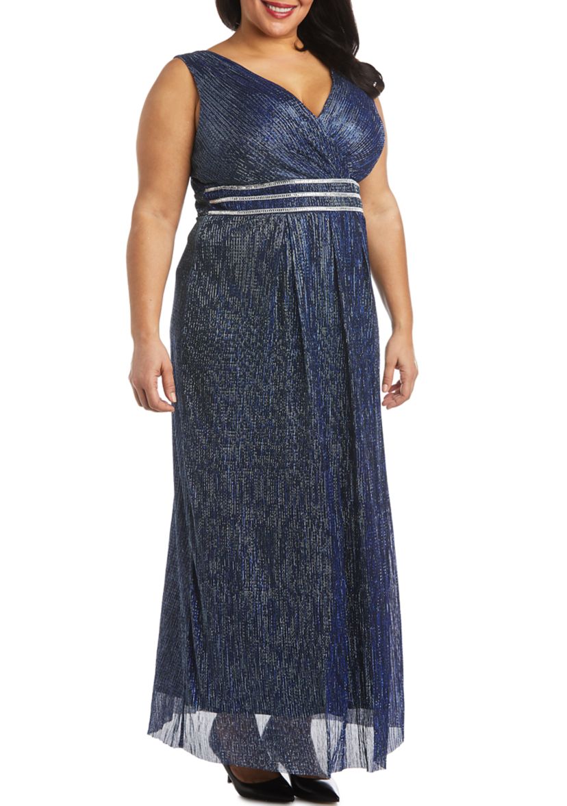 Long Crinkle Pleated Slvless Dress With Rhinestone Trim At Set In Waist