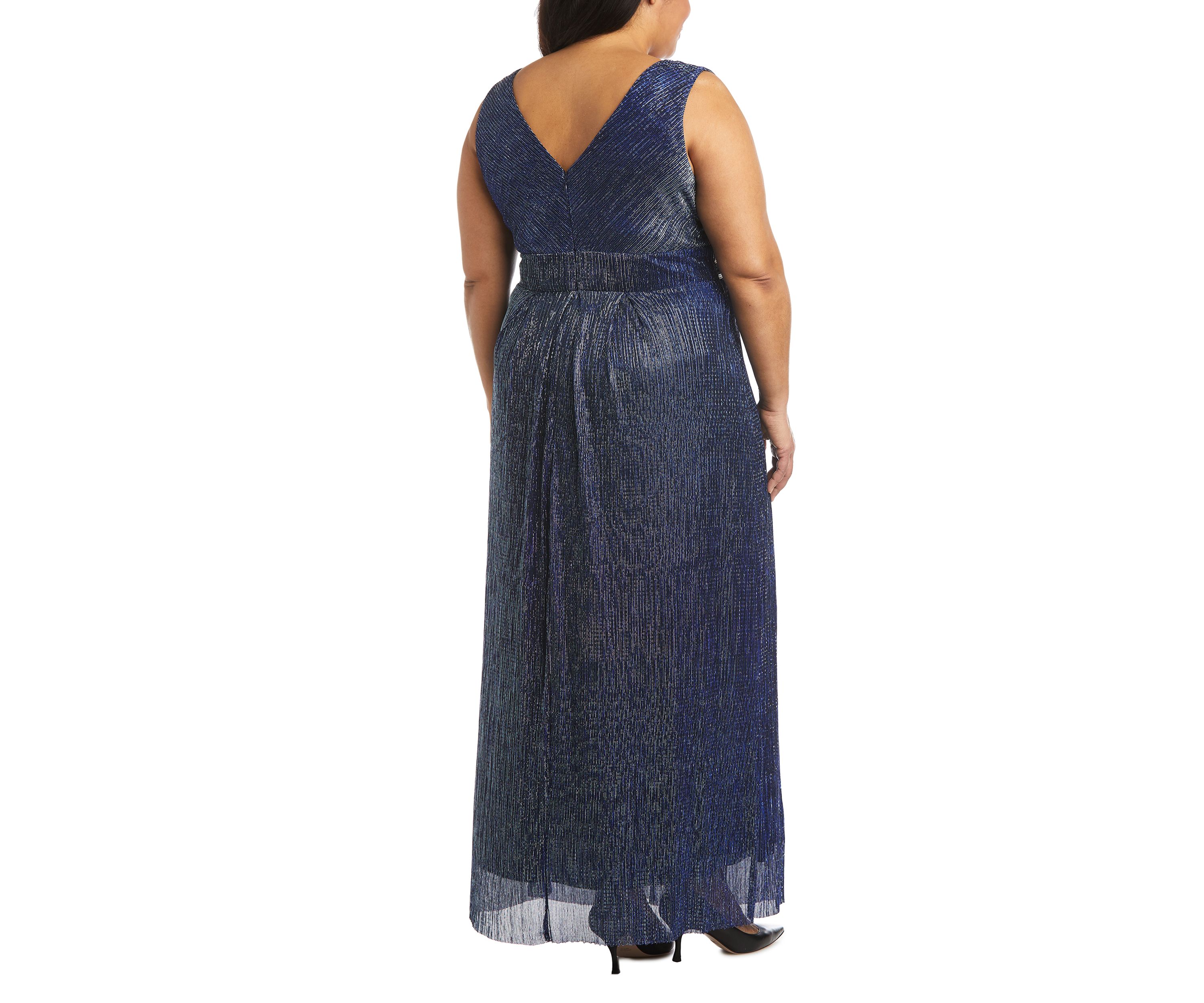 Long Crinkle Pleated Slvless Dress With Rhinestone Trim At Set In Waist