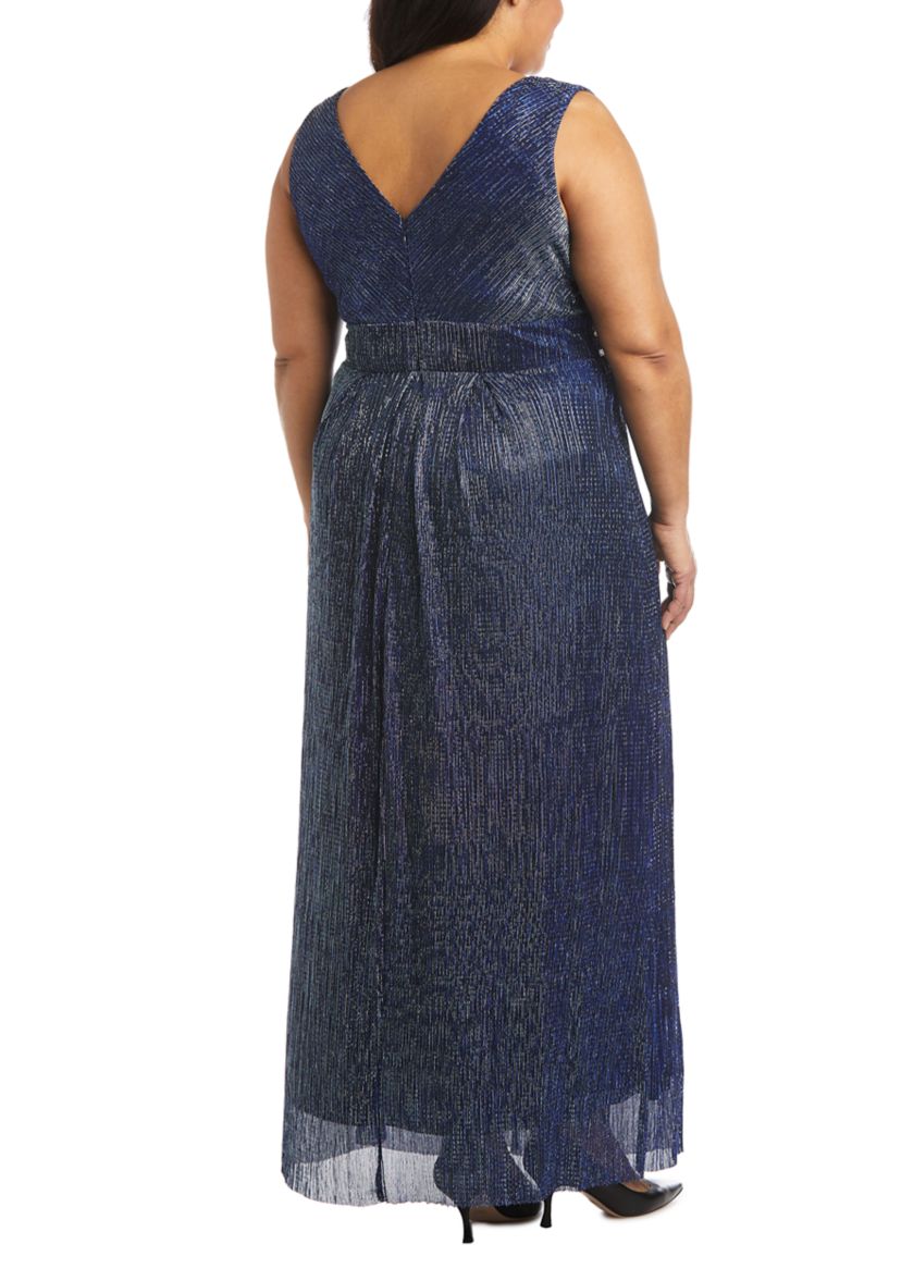 Long Crinkle Pleated Slvless Dress With Rhinestone Trim At Set In Waist