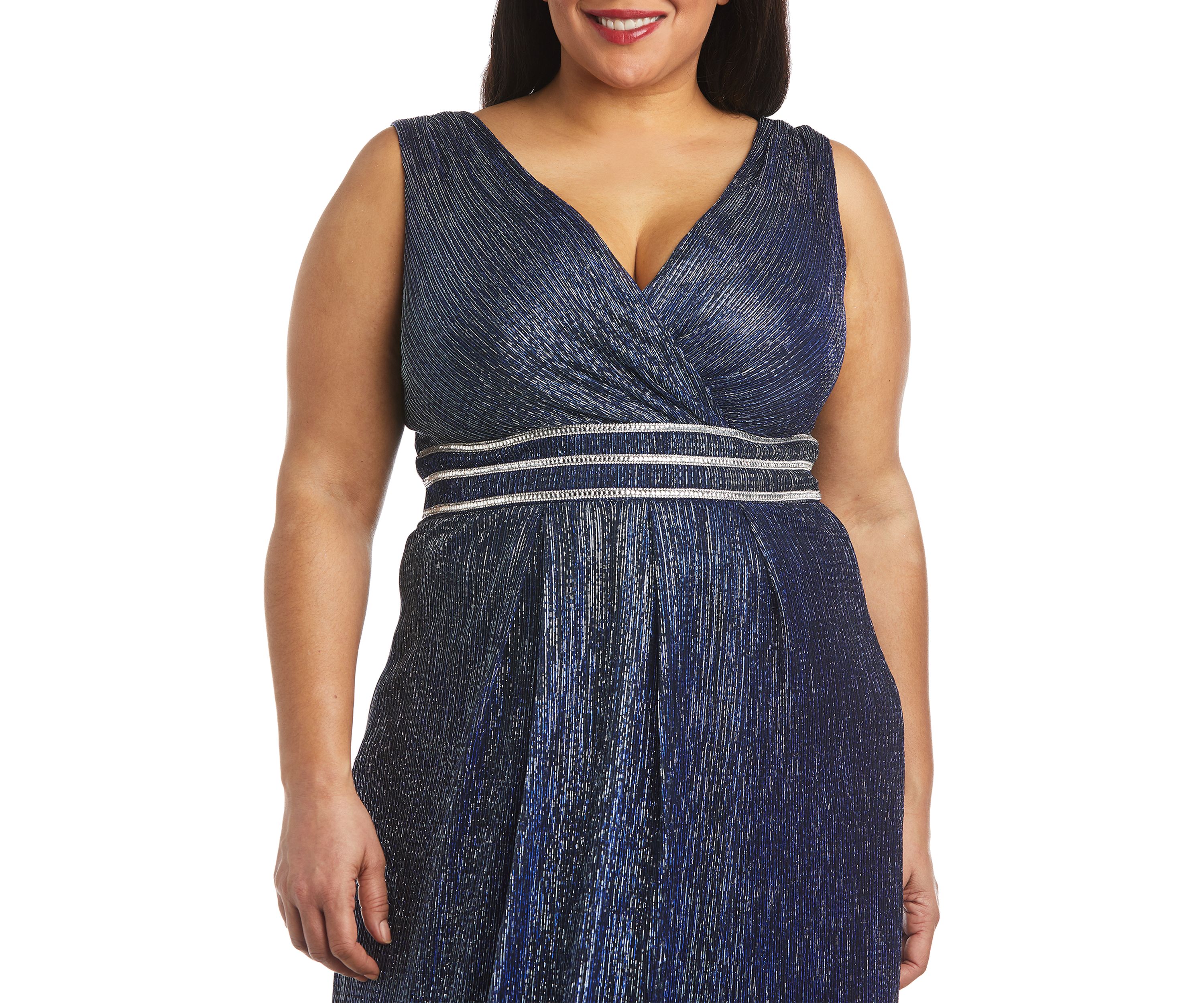 Long Crinkle Pleated Slvless Dress With Rhinestone Trim At Set In Waist