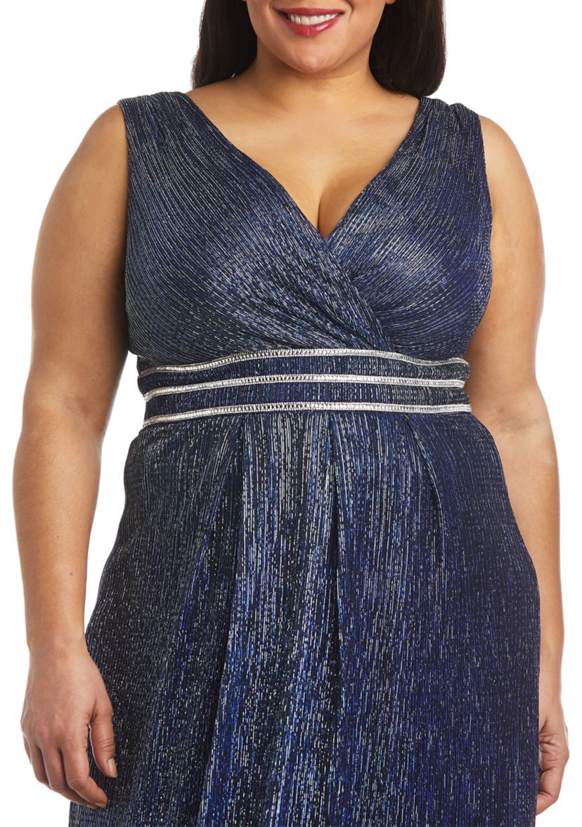 Long Crinkle Pleated Slvless Dress With Rhinestone Trim At Set In Waist