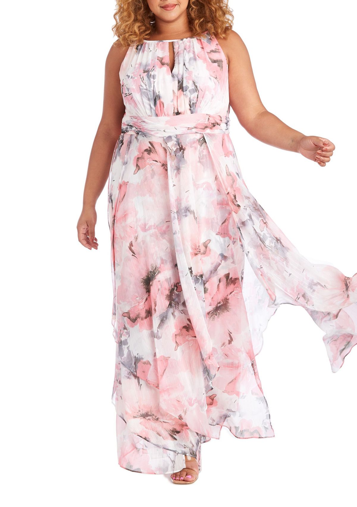 Long Keyhole Halter Dress In Sheer Floral Printed Chiffon With Lurex Thread With Hankie Panelled Skirt