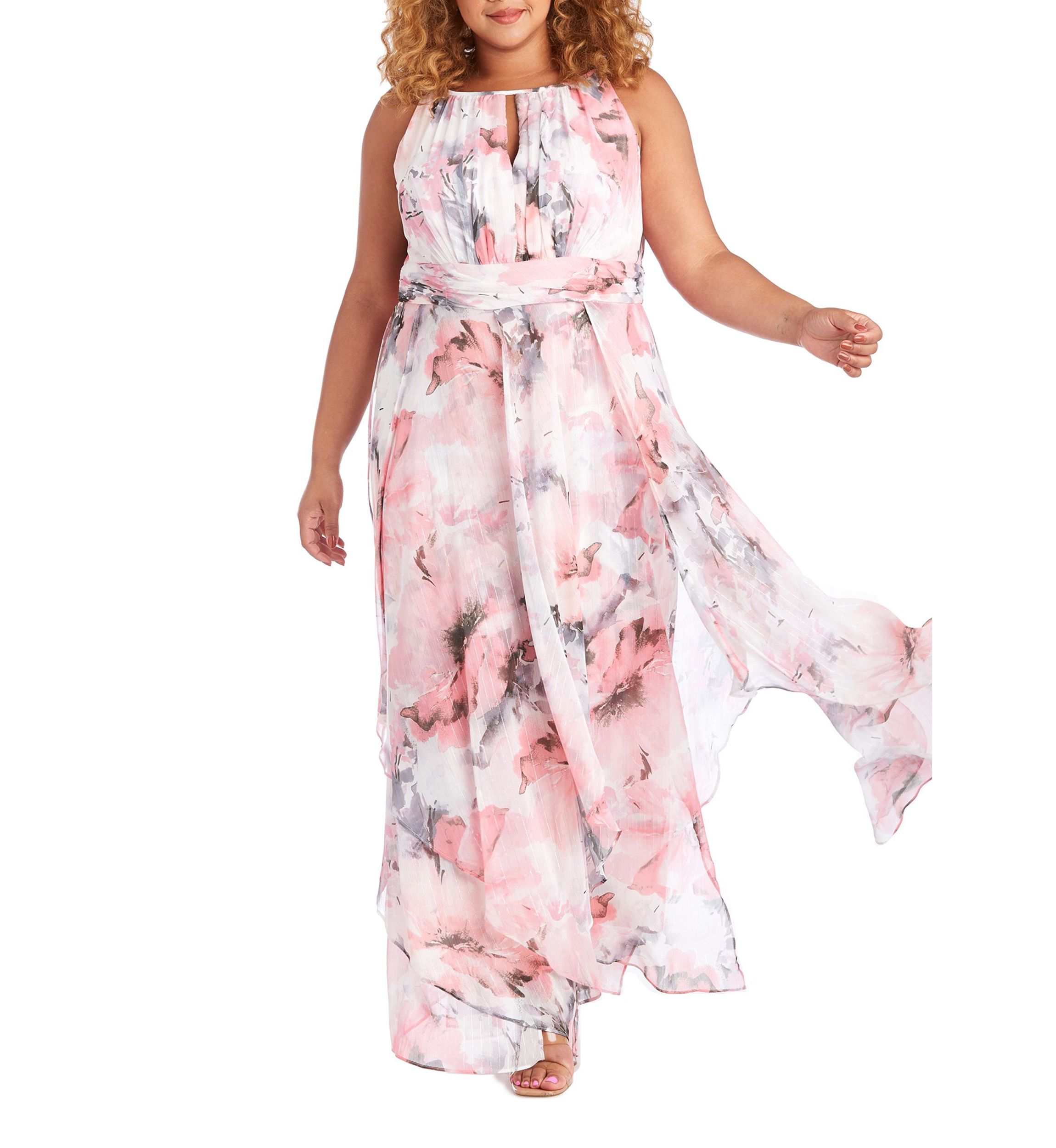 Long Keyhole Halter Dress In Sheer Floral Printed Chiffon With Lurex Thread With Hankie Panelled Skirt