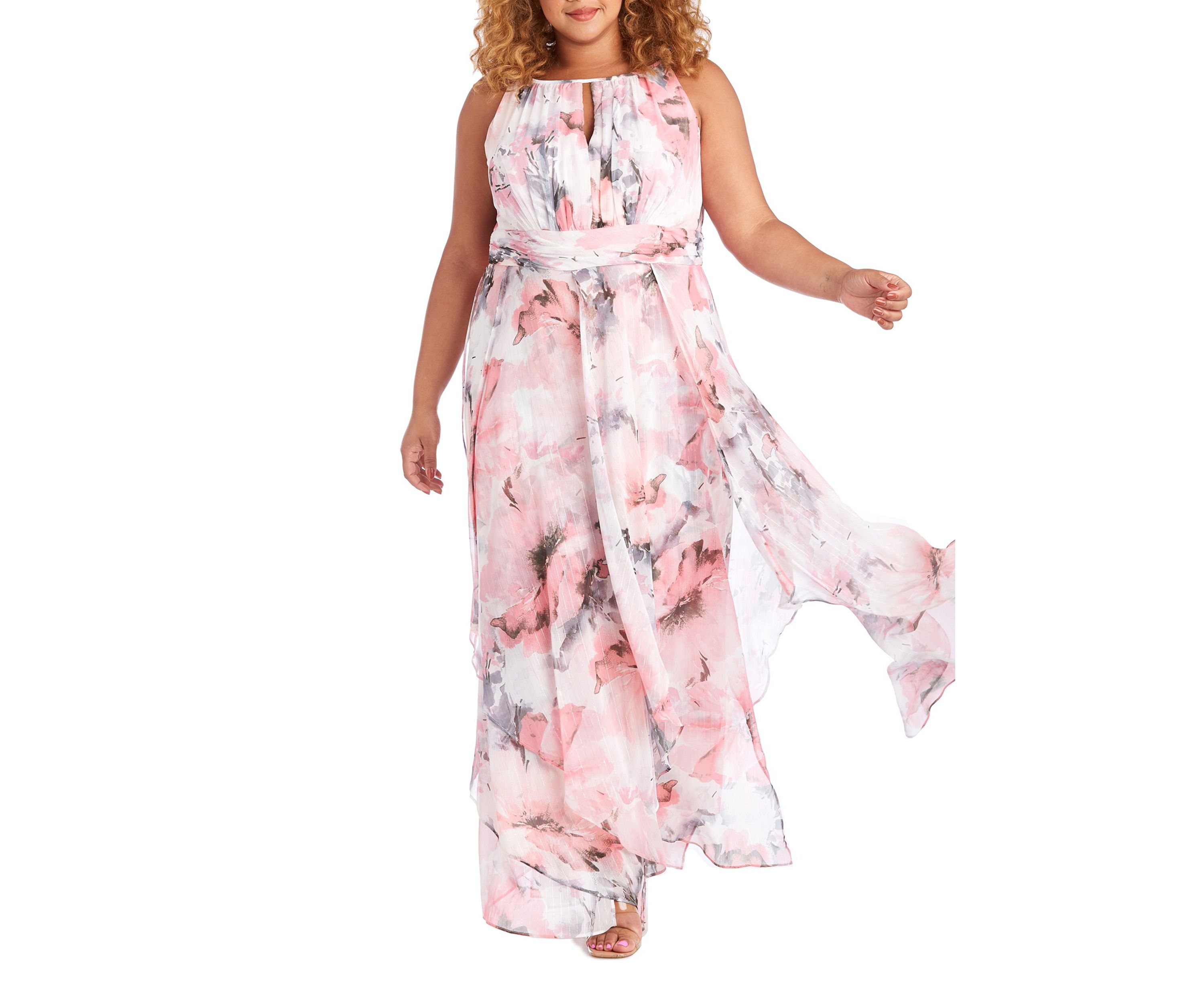 Long Keyhole Halter Dress In Sheer Floral Printed Chiffon With Lurex Thread With Hankie Panelled Skirt