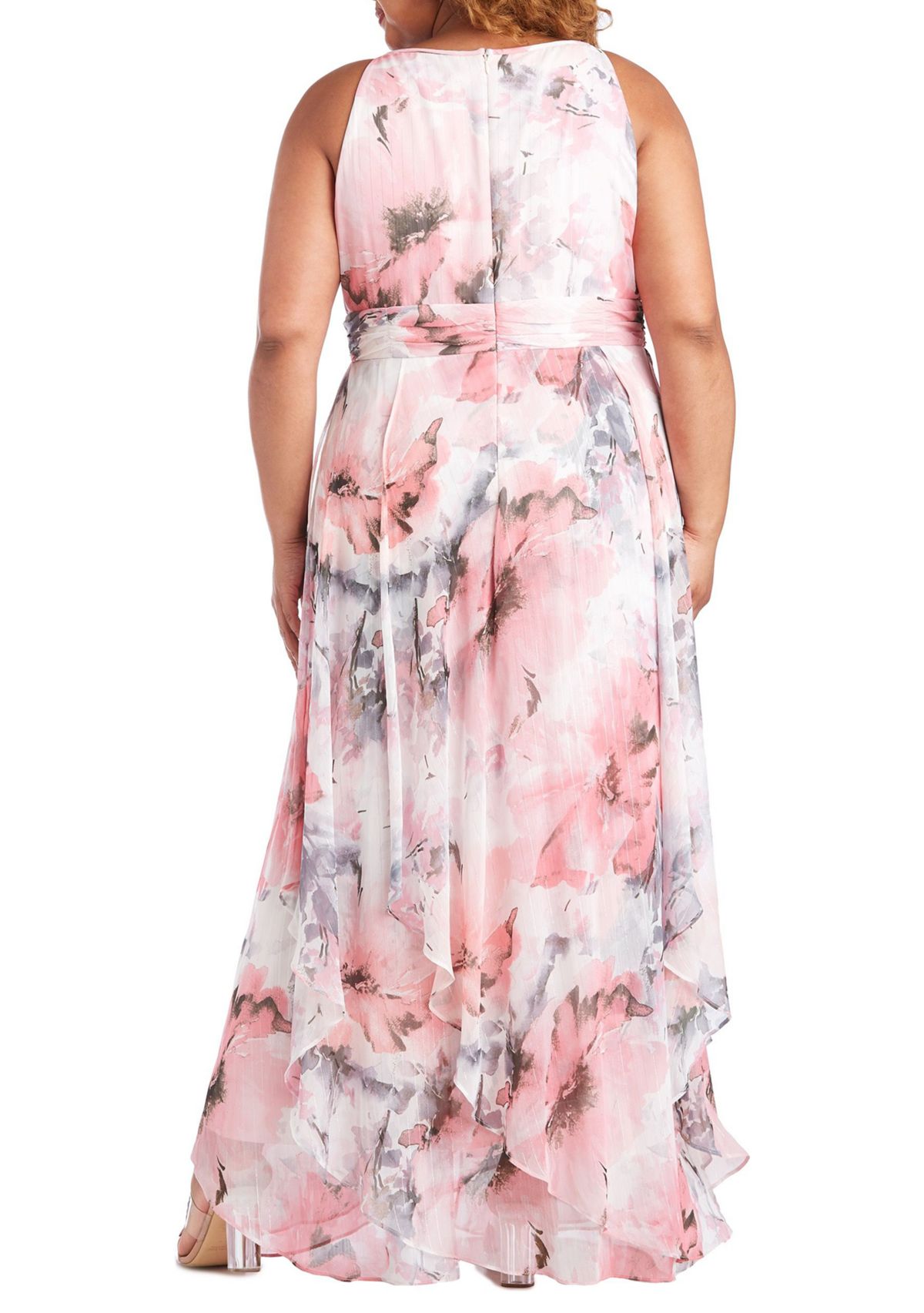 Long Keyhole Halter Dress In Sheer Floral Printed Chiffon With Lurex Thread With Hankie Panelled Skirt