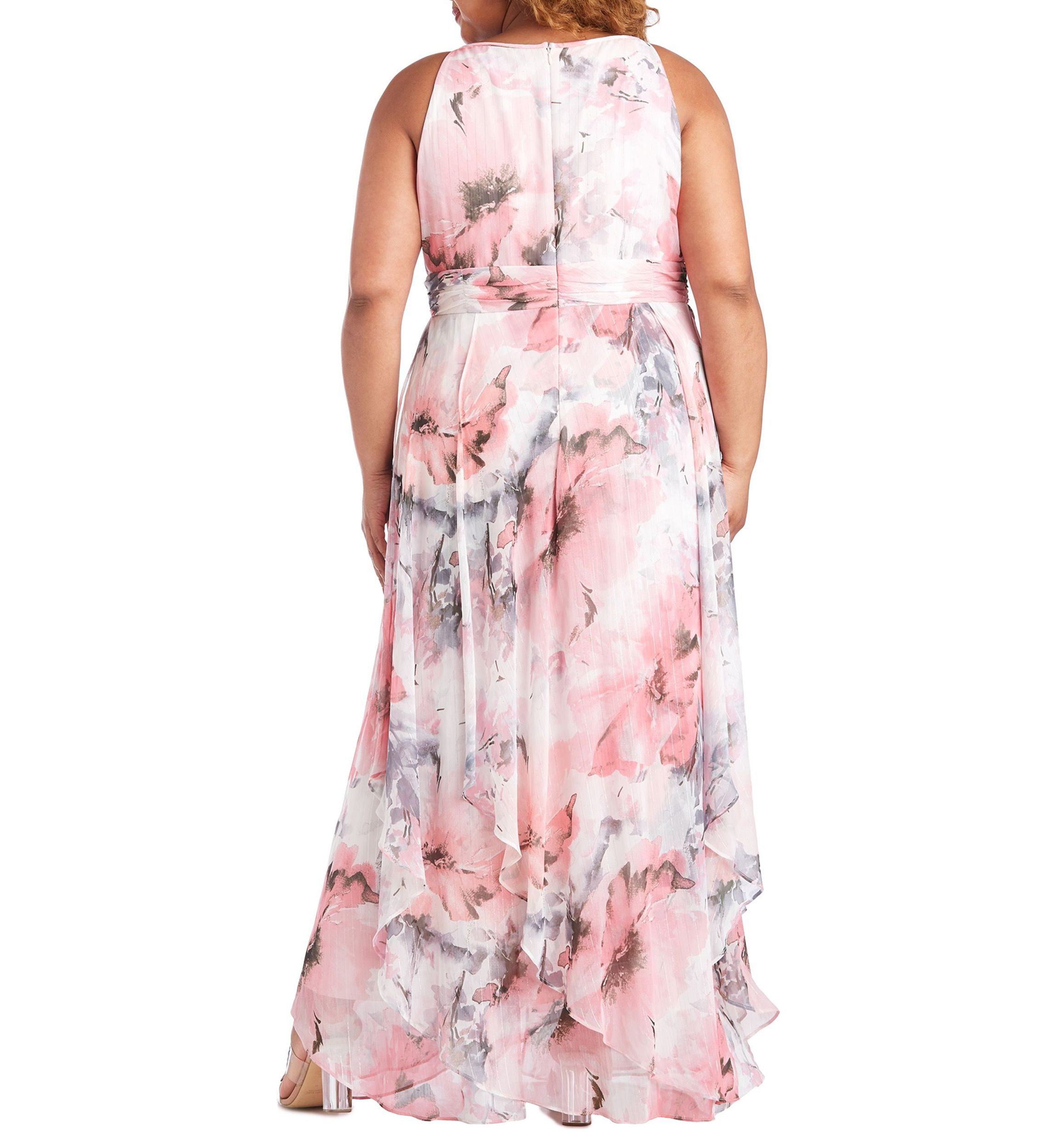 Long Keyhole Halter Dress In Sheer Floral Printed Chiffon With Lurex Thread With Hankie Panelled Skirt