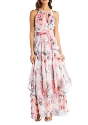 Long Keyhole Halter Dress Sheer Floral Printed Chiffon With Lurex Thread Hankie Panelled Skirt