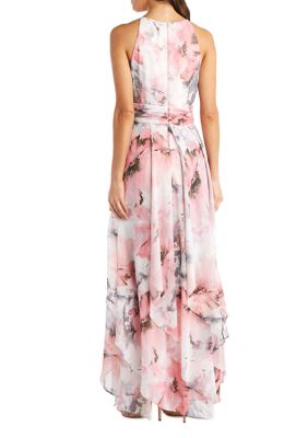 Long Keyhole Halter Dress Sheer Floral Printed Chiffon With Lurex Thread Hankie Panelled Skirt