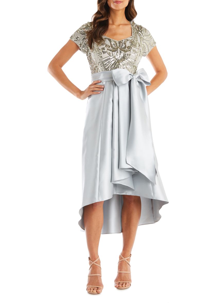 Short Sleeve Sequin Top Dress with Hi-lo Full Satin Skirt 