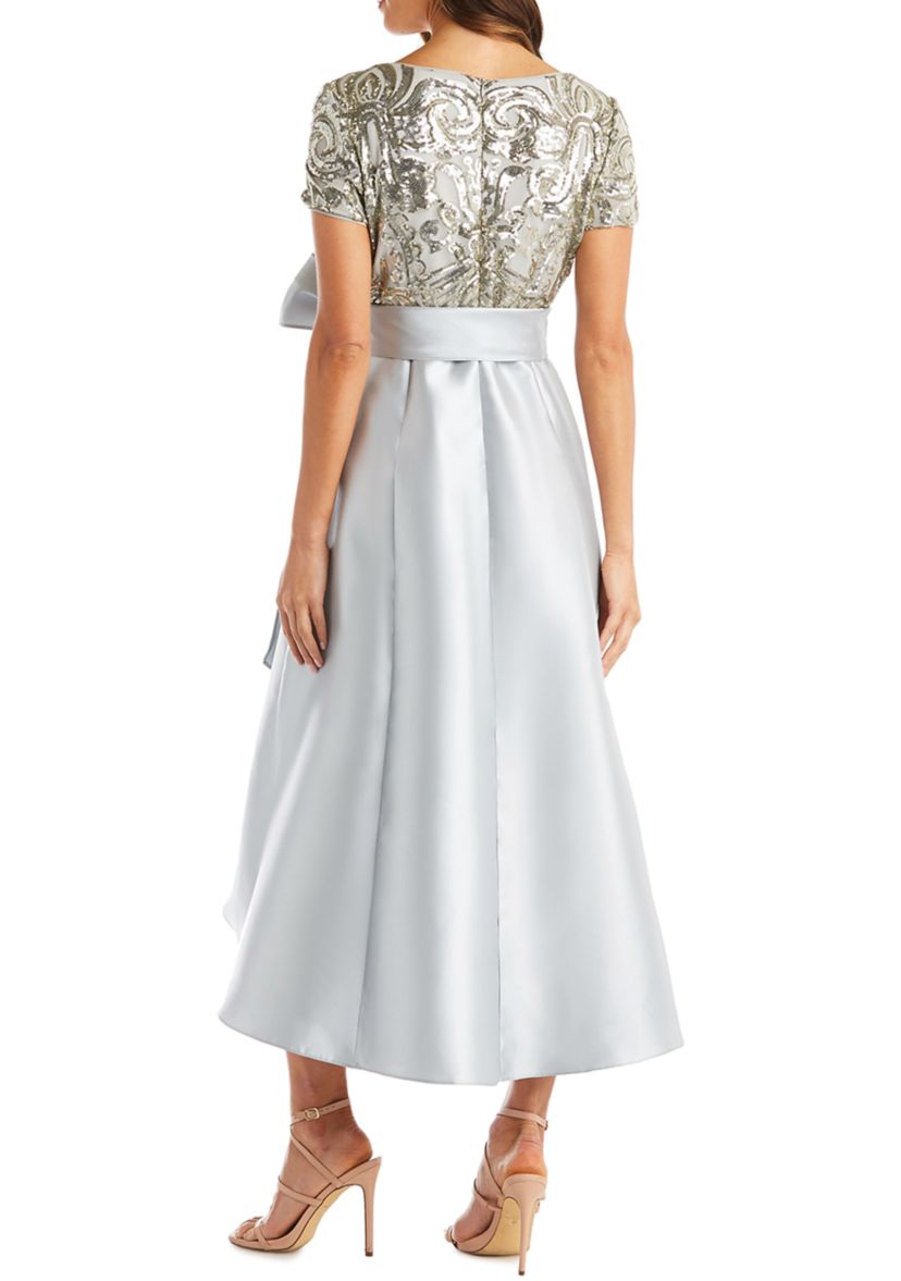 Short Sleeve Sequin Top Dress with Hi-lo Full Satin Skirt 