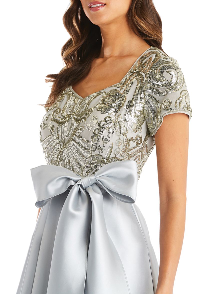 Short Sleeve Sequin Top Dress with Hi-lo Full Satin Skirt 