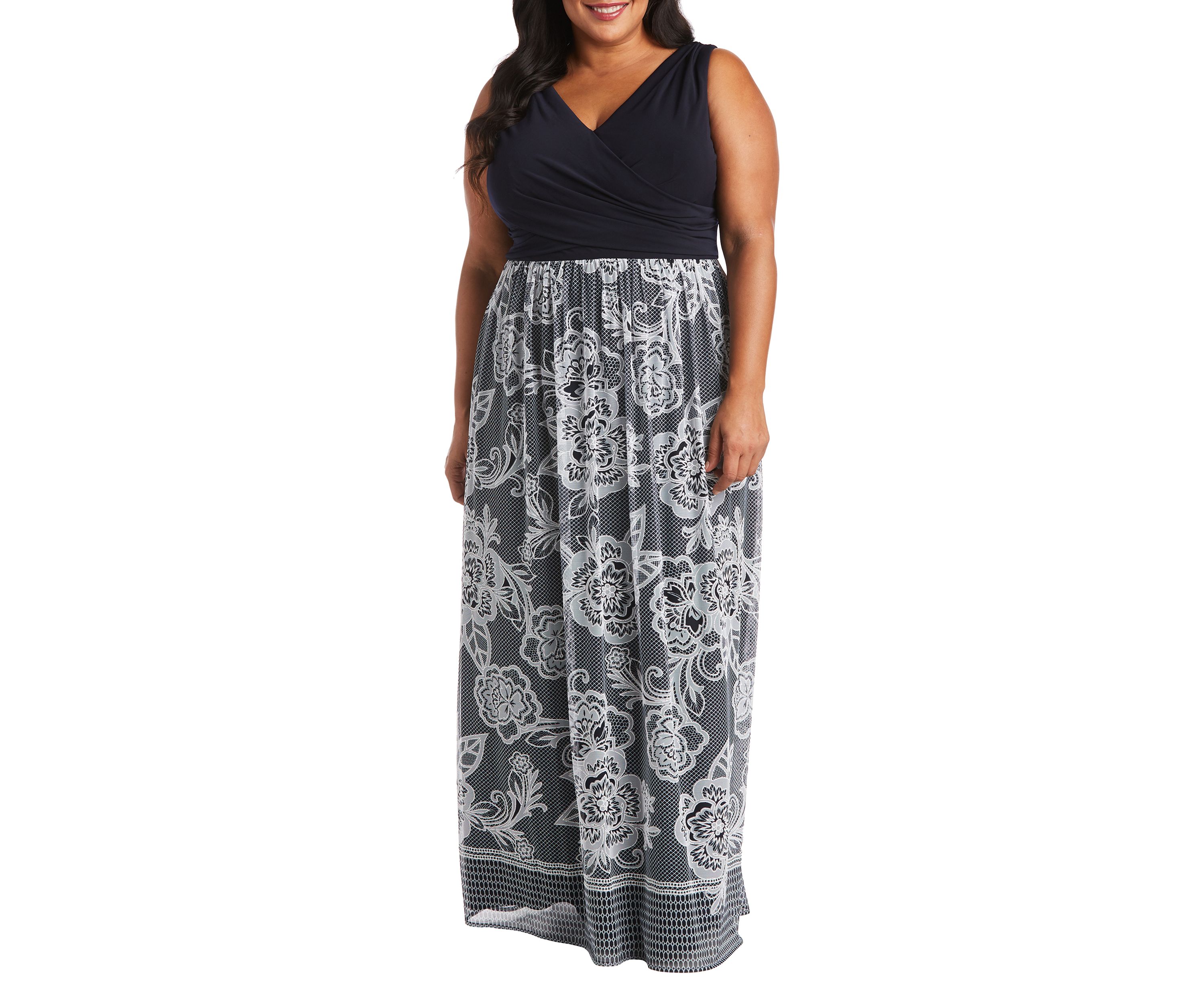 Plus Size V-Neck Criss-Cross Bodice Puff Print Maxi Dress
