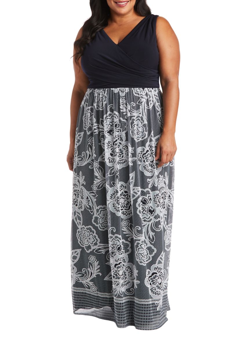 Plus Size V-Neck Criss-Cross Bodice Puff Print Maxi Dress
