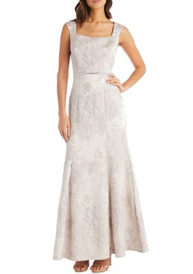 R & M Richards Women's Square Neck Brocade Gown With Fishtail Bottom