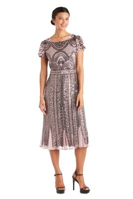 Tea Length Mesh Beaded Dress Art Deco Patter With Godet Insets