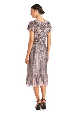 Tea Length Mesh Beaded Dress Art Deco Patter With Godet Insets