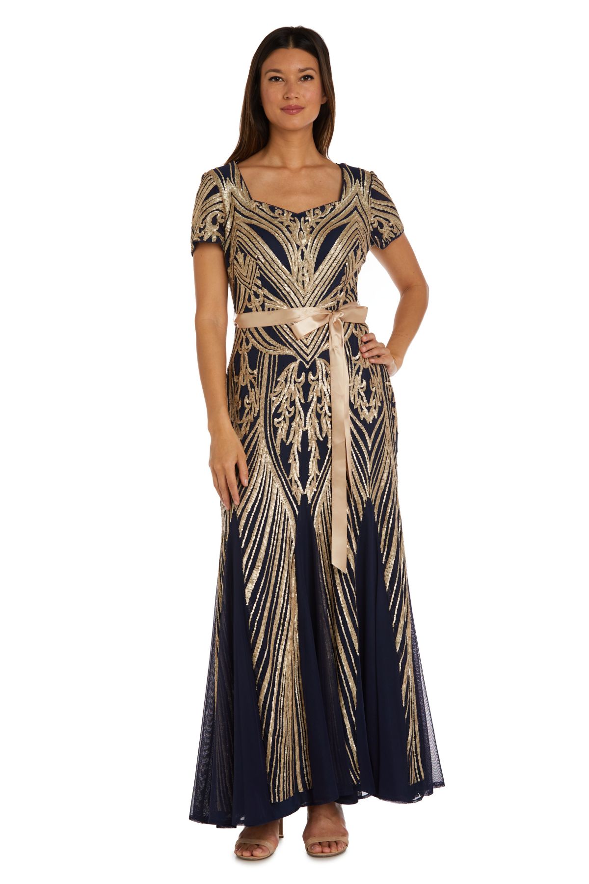 1Pc Sweetheart Neck Emb Sequin Panel Godet Dress