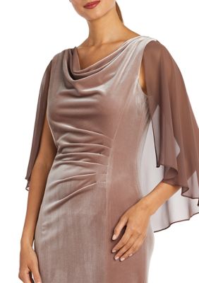 Women's Velvet and Chiffon Side Drape Cowl Neck Caplet Short Dress