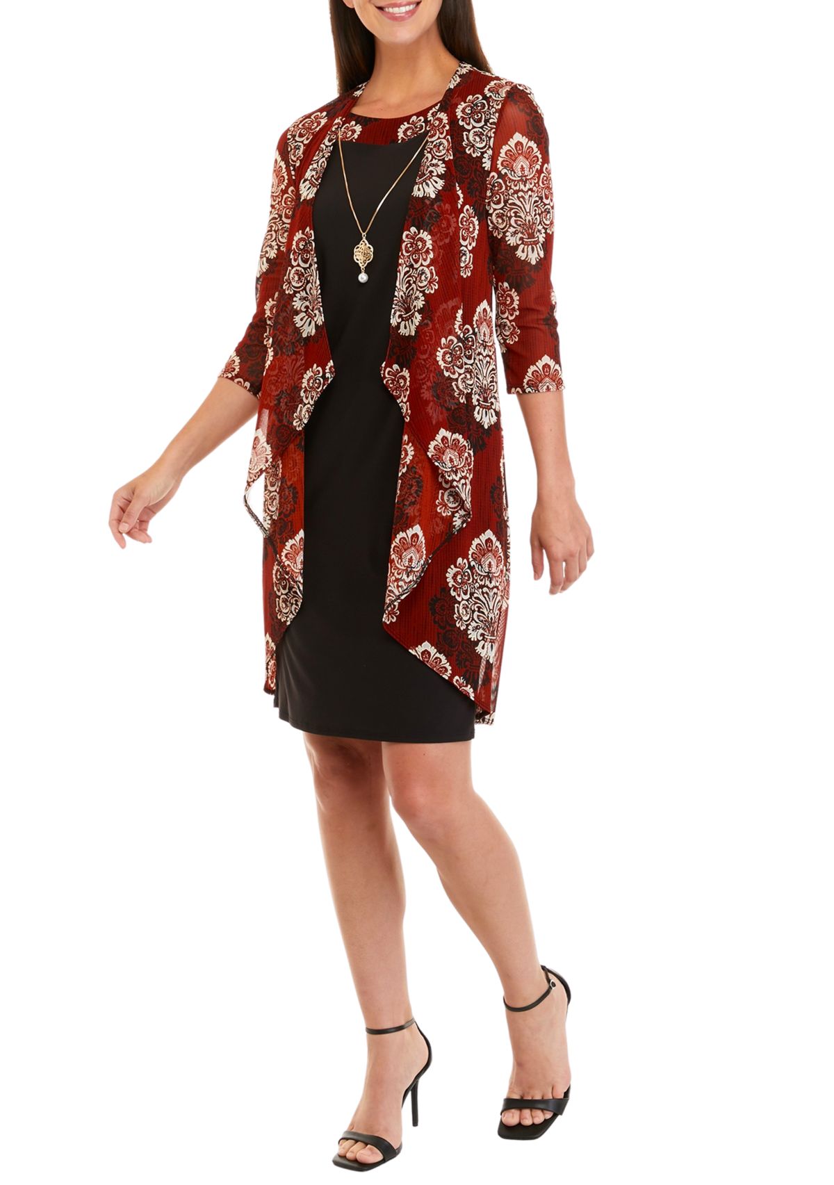 Womens 3/4 Sleeve Printed Jacket Dress with Necklace