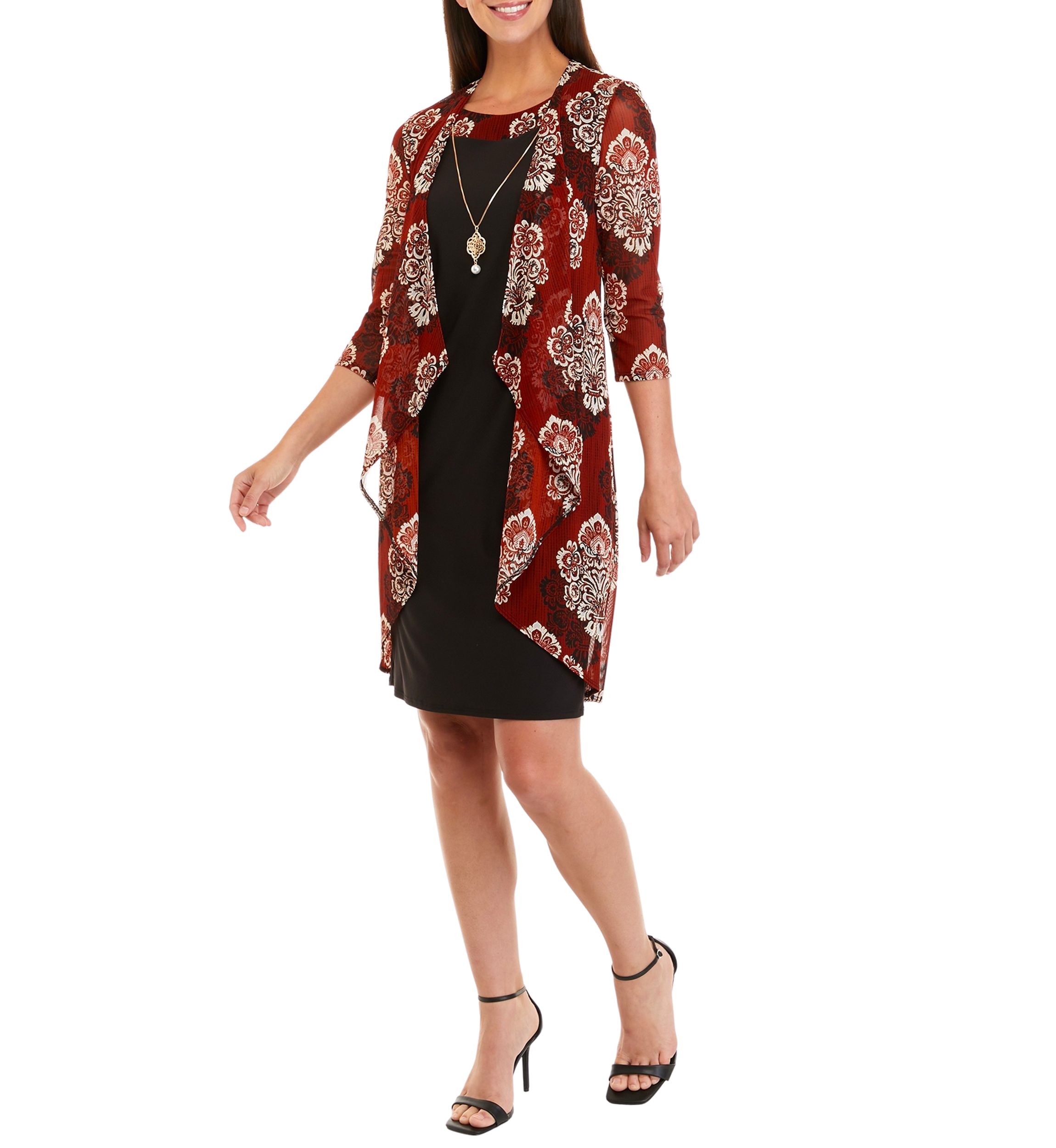 Womens 3/4 Sleeve Printed Jacket Dress with Necklace