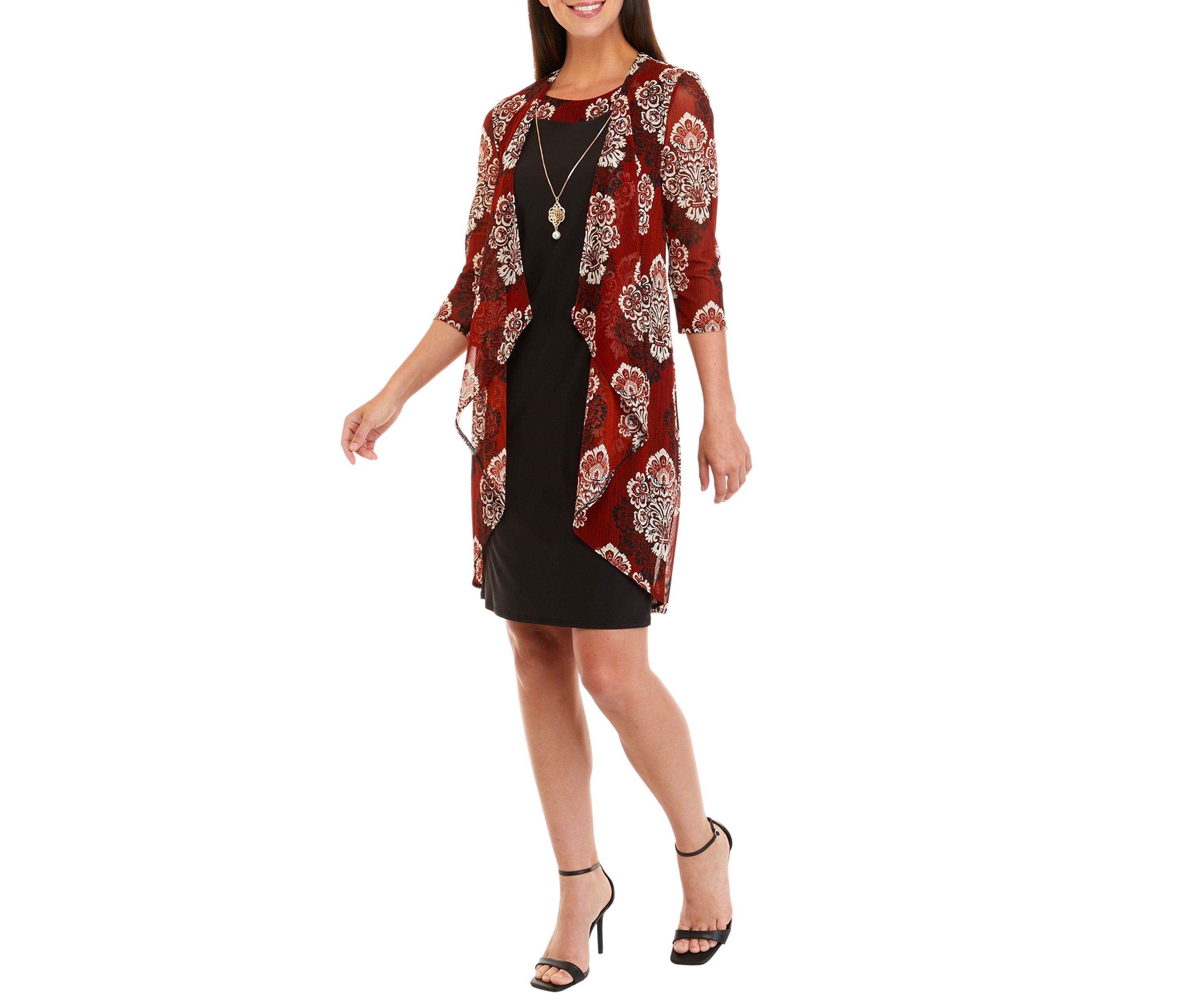 Womens 3/4 Sleeve Printed Jacket Dress with Necklace
