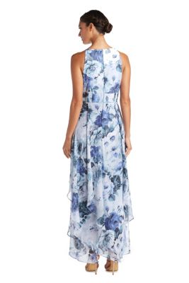 Long Printed Chiffon Halter Dress With Hankie Hemline Keyhole Front