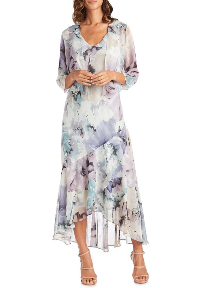 2Pc. Printed Airbrush Bolero Jacket Dress With High Low Ruffle Hemline Printed Dress