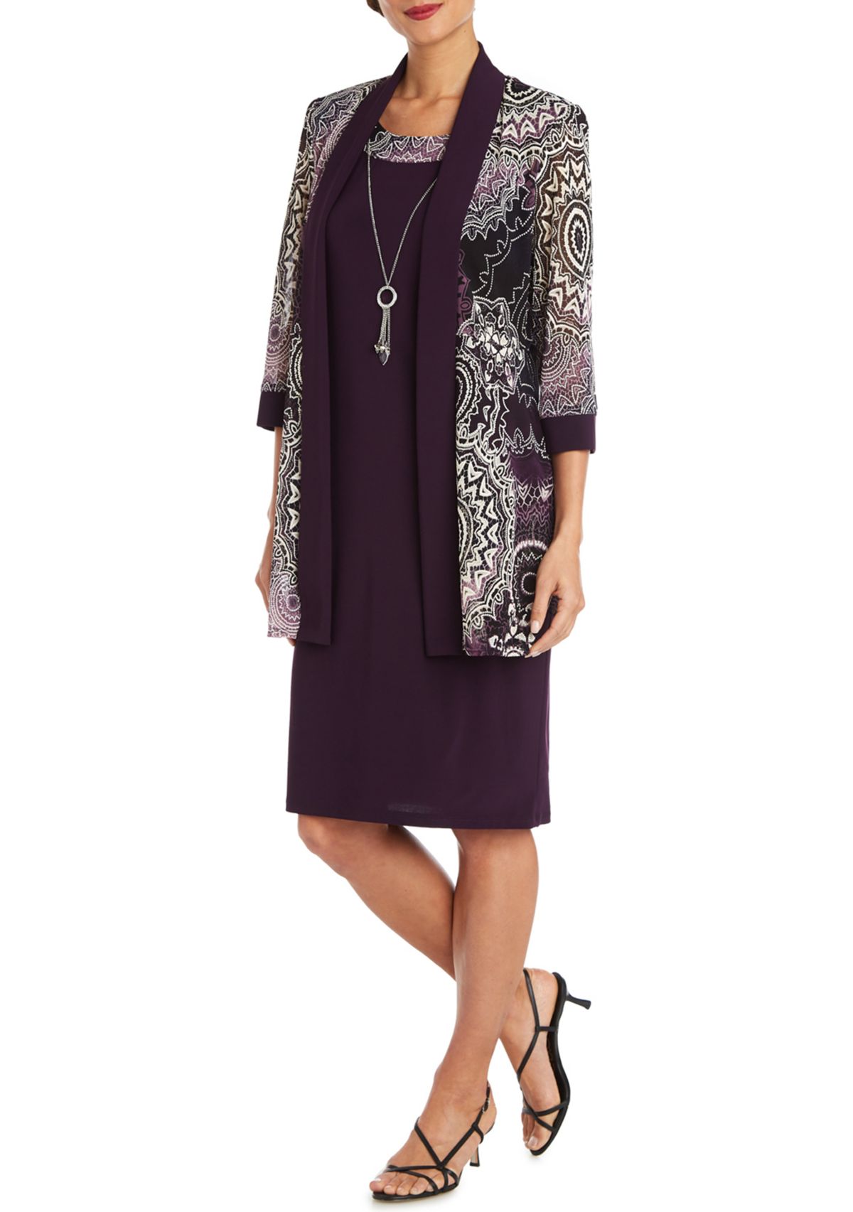 Womens 3/4 Sleeve Medallion Mesh Jacket Dress