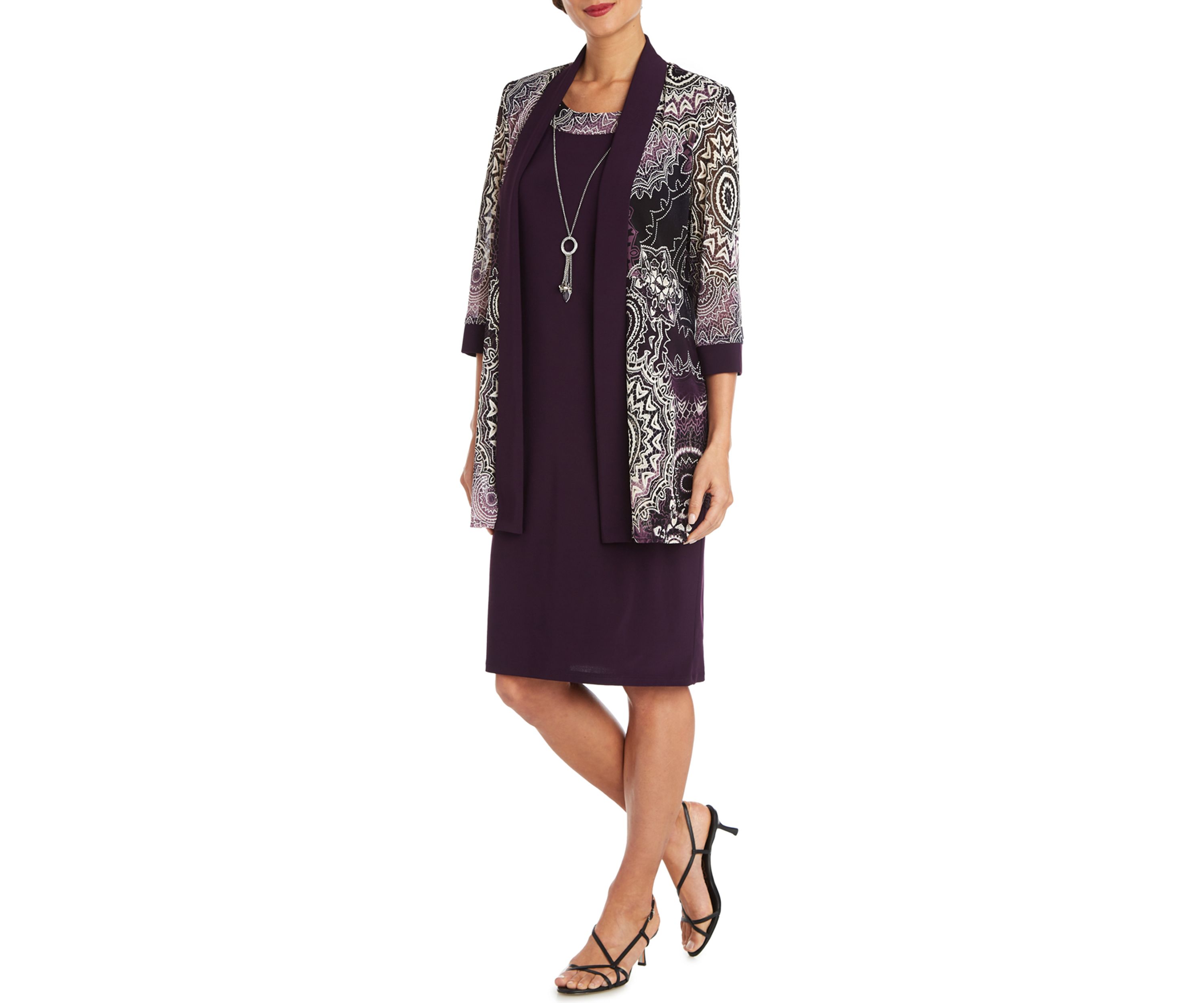 Womens 3/4 Sleeve Medallion Mesh Jacket Dress