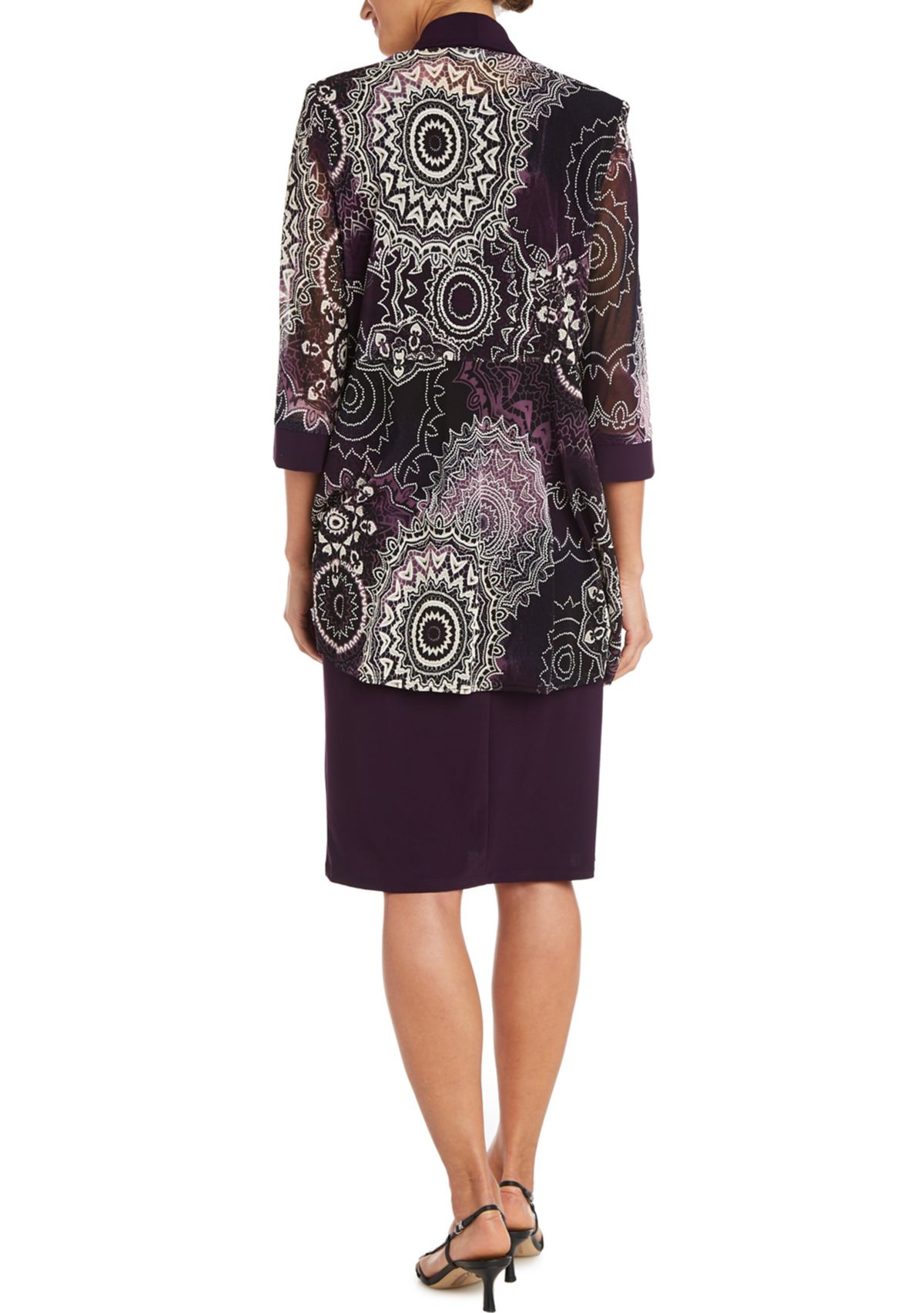 Womens 3/4 Sleeve Medallion Mesh Jacket Dress