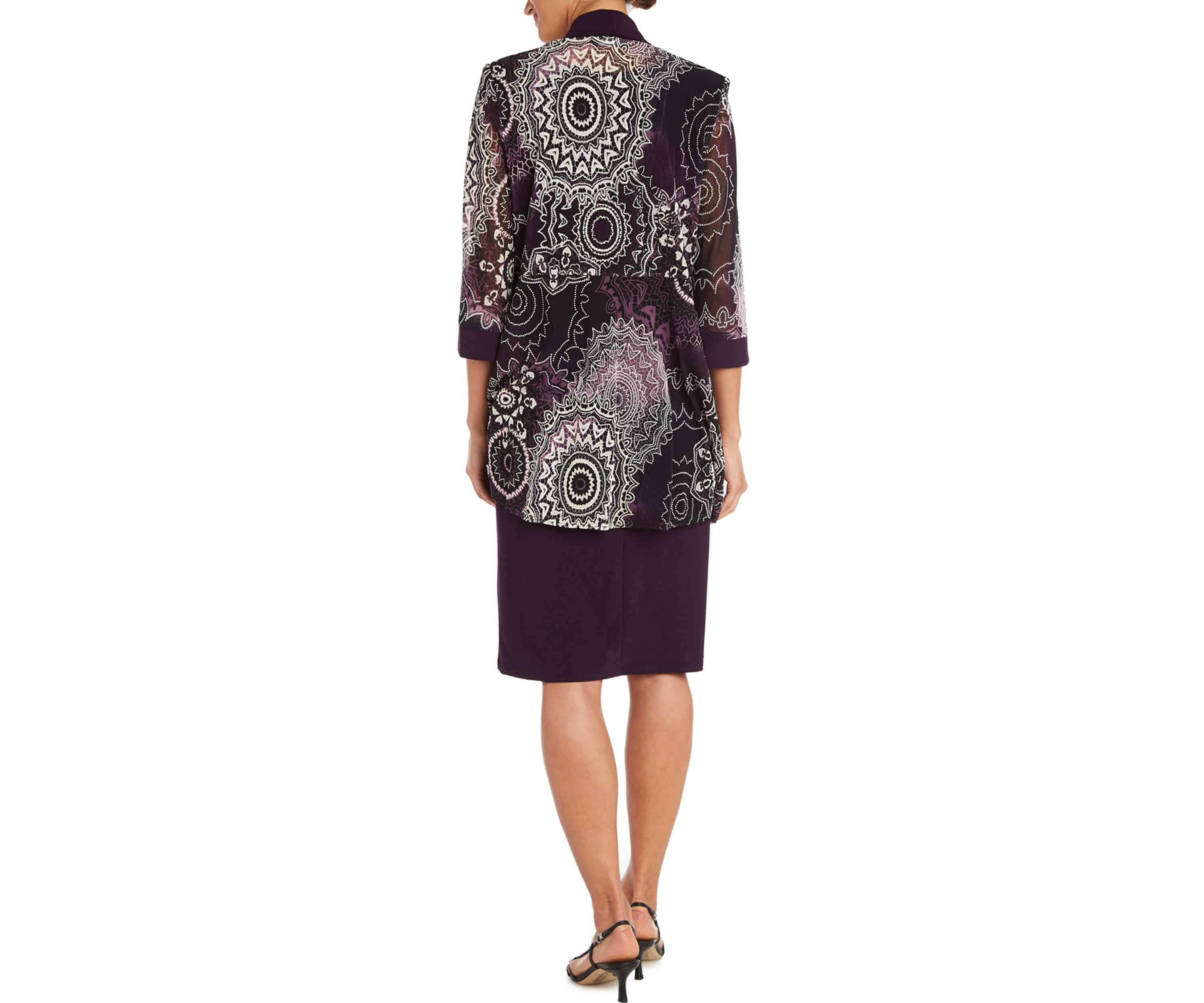 Womens 3/4 Sleeve Medallion Mesh Jacket Dress
