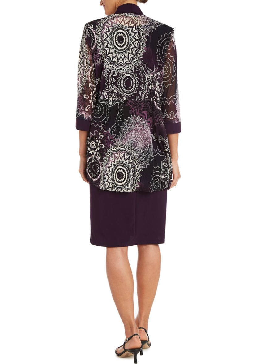 Womens 3/4 Sleeve Medallion Mesh Jacket Dress
