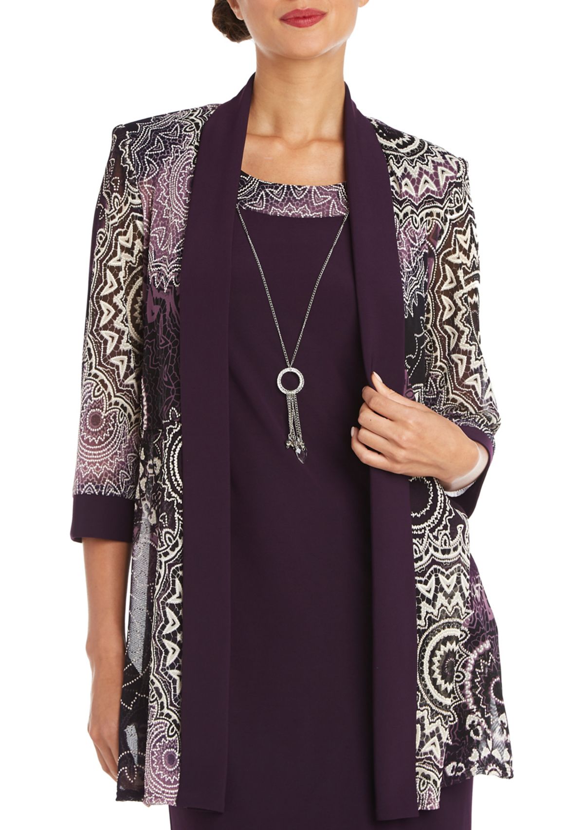 Womens 3/4 Sleeve Medallion Mesh Jacket Dress